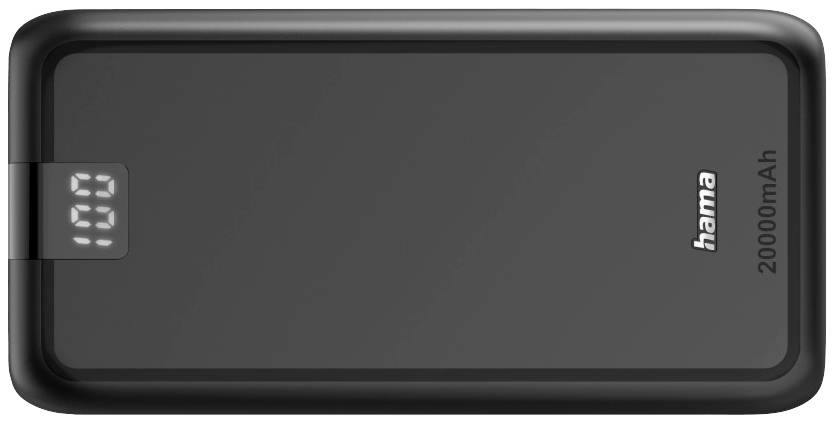 Batterie externe noire Hama avec affichage numérique indiquant 100, capacité de 20000mAh.
