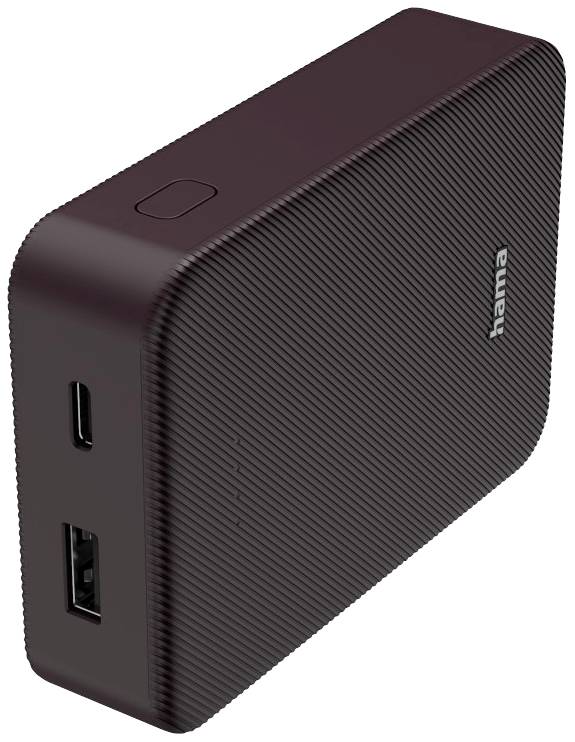 Un chargeur rectangulaire et compact, doté d'un port USB et d'un port USB-C, fabriqué par Hama.