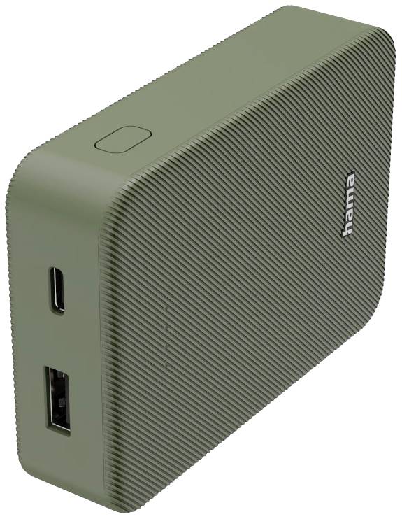 Banque d'alimentation portable verte avec ports USB et USB-C, pour charger des appareils mobiles. Design compact et antidérapant.