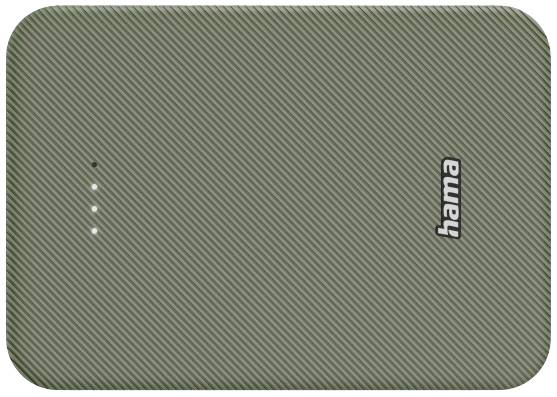 Une batterie externe verte portable avec une texture et quatre indicateurs de charge sur sa surface. Le logo 'hama' est visible.