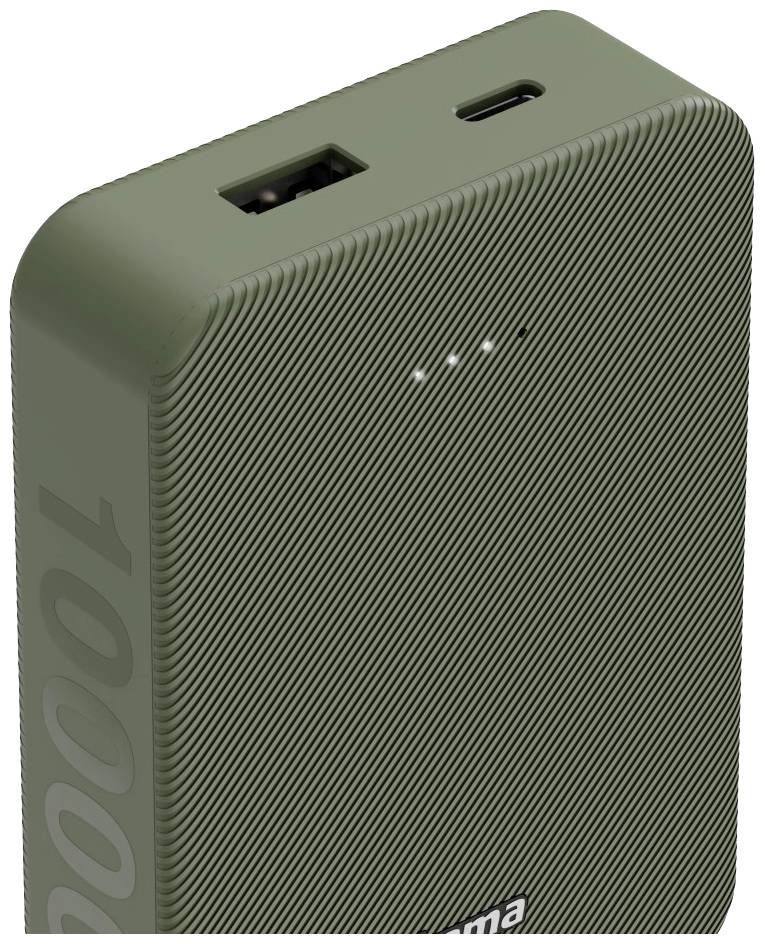 Batterie externe verte avec port USB et indicateur de capacité sur le dessus, inscription de 10 000 mAh visible sur le côté.