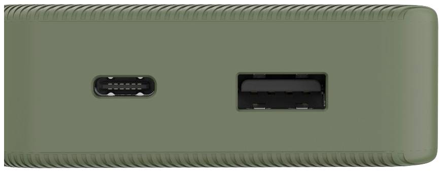 Un disque dur externe vert avec des ports USB-C et USB-A qui permet la connexion à différents appareils.