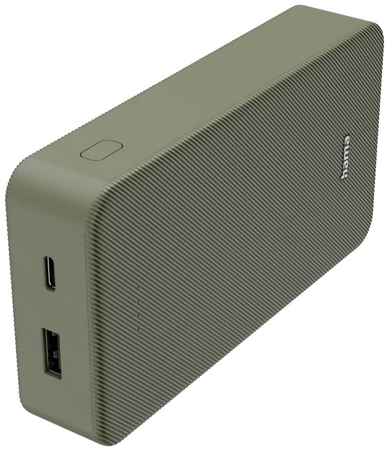 Une batterie externe rectangulaire vert olive avec des ports USB et USB-C, ainsi qu'un petit bouton sur le dessus.