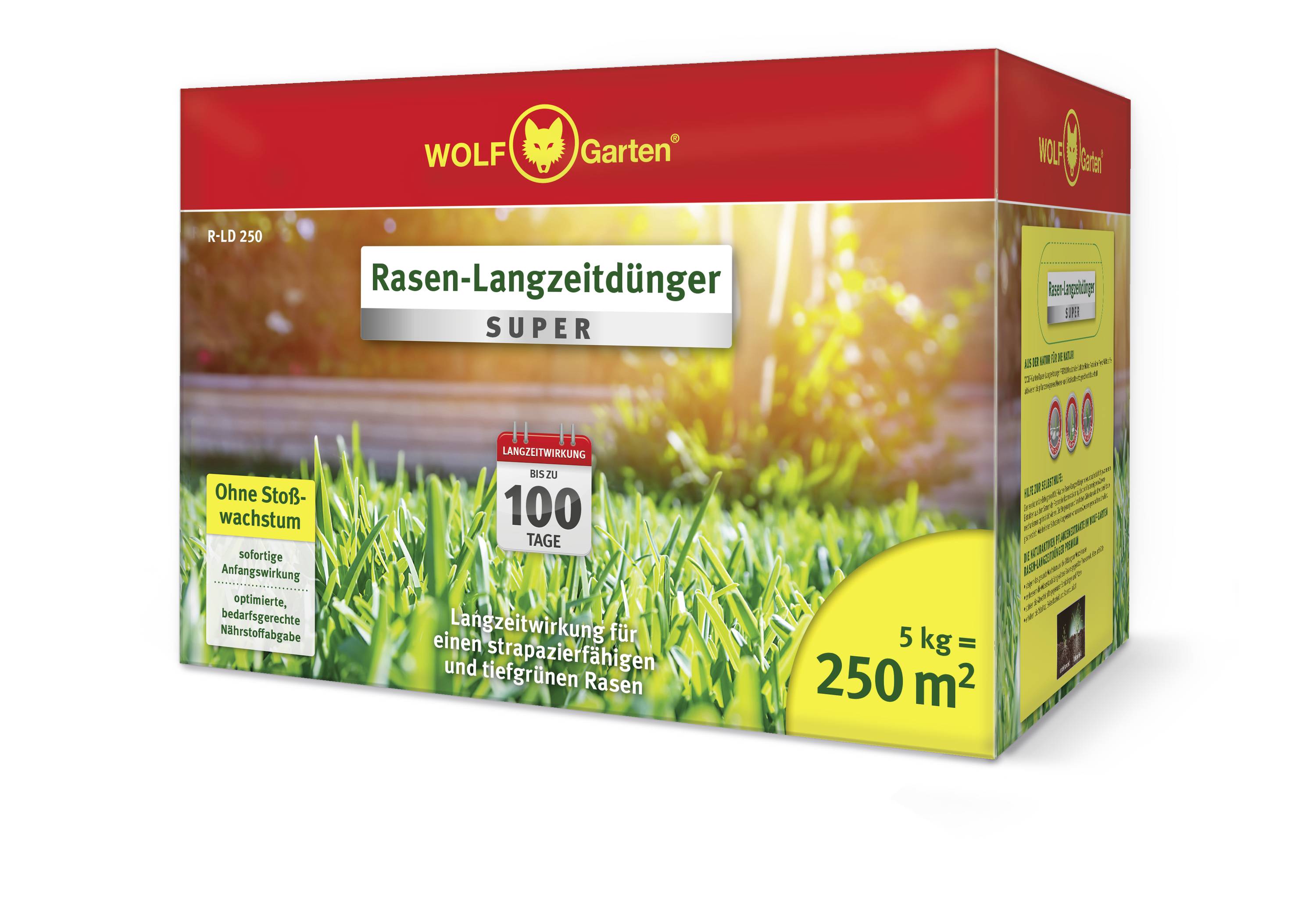 L'image présente un emballage d'engrais longue durée pour pelouse SUPER de WOLF-Garten. Il est adapté à 250 m² et agit jusqu'à 100 jours.