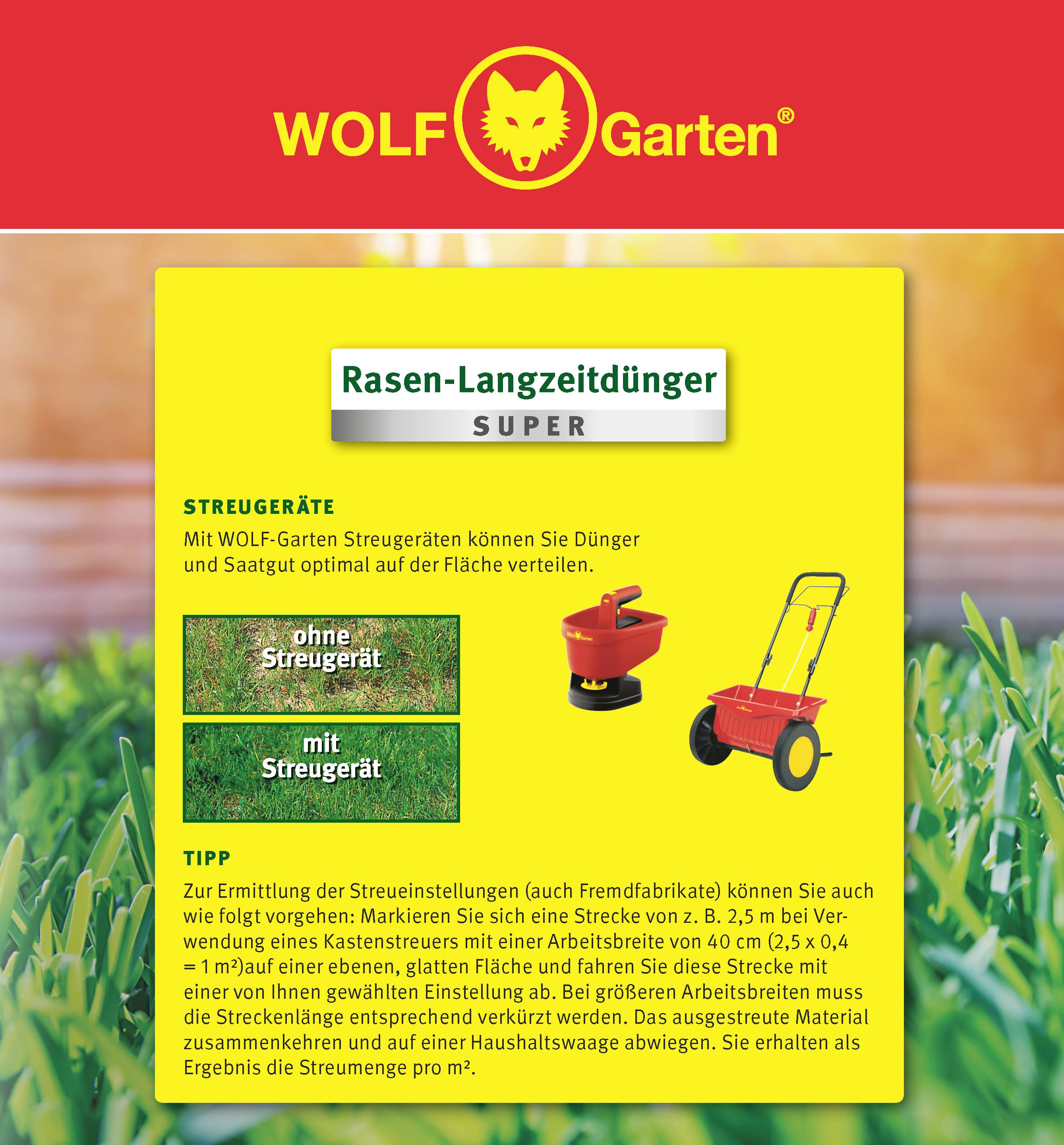 La publicité présente l'engrais WOLF-Garten avec des images d'épandeurs. Le texte décrit l'application et donne des conseils pour des résultats optimaux.