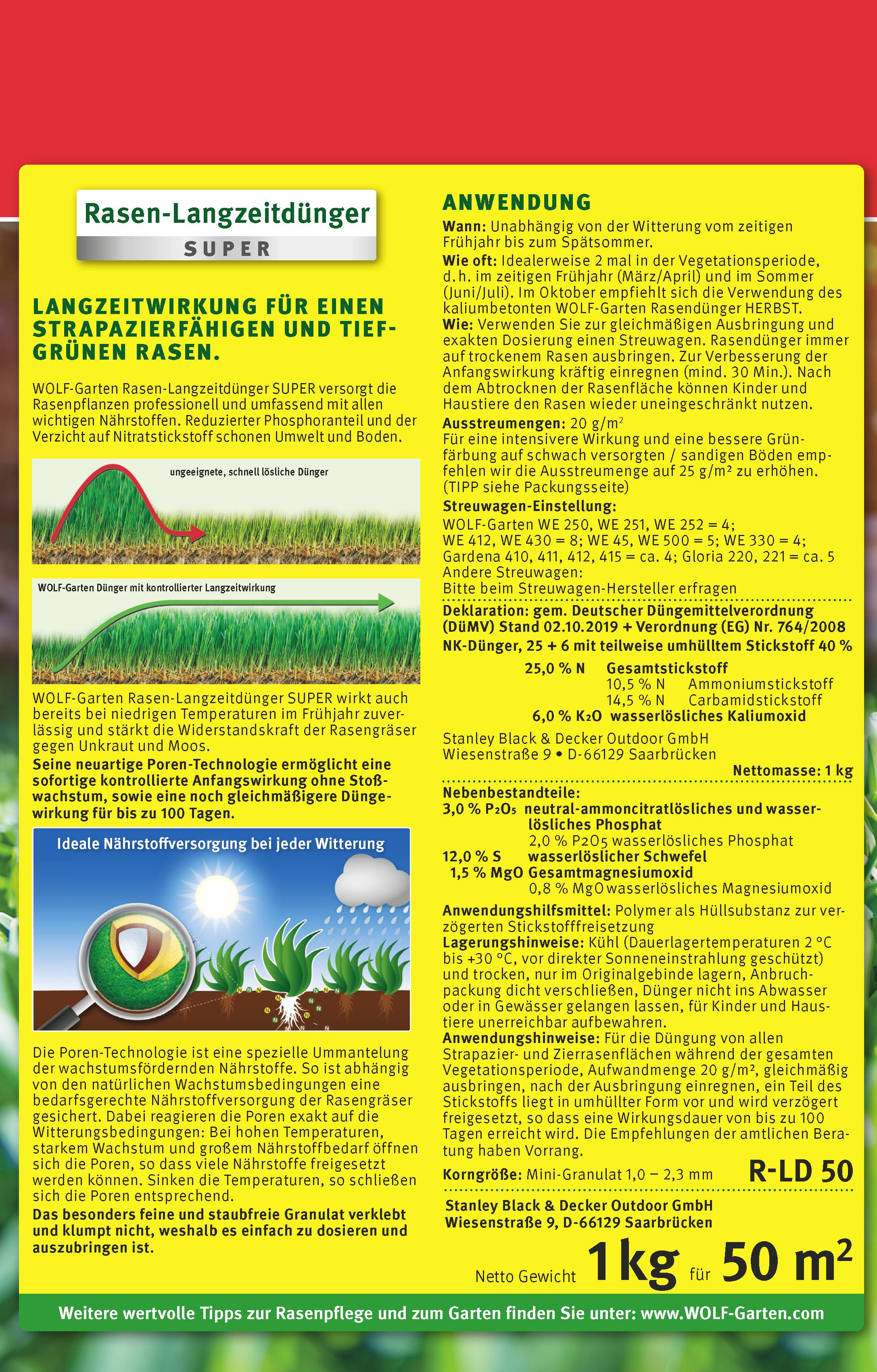 Engrais longue durée pour pelouse SUPER de WOLF-Garten pour une pelouse dense et résistante. Instructions d'utilisation et composition pour sac de 50 m².