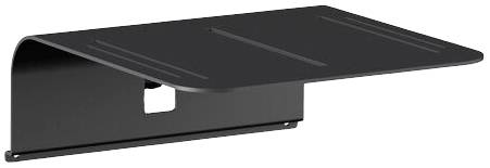 Étagère murale en métal noir avec un bord avant arrondi, une base rectangulaire et un panneau arrière pour la fixation.