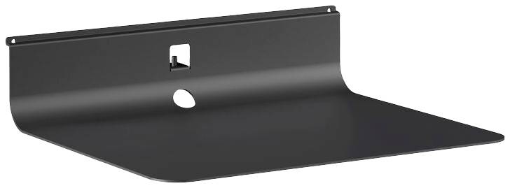 Une étagère simple en noir, qui peut être montée au mur, avec une ouverture au centre pour le passage des câbles.