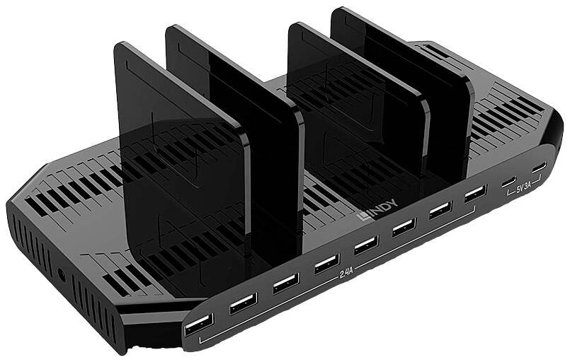 Chargeur USB noir avec cinq ports et quatre cloisons permettant de charger plusieurs appareils simultanément. Marquage '2.4A' sur certains ports.