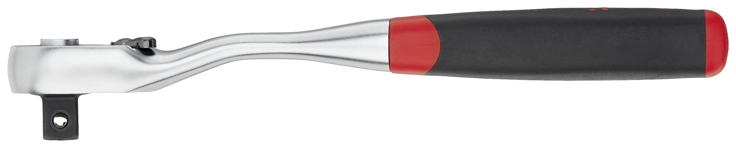 Clé à cliquet avec manche rouge et noir, utilisée pour serrer ou desserrer des écrous et des boulons.