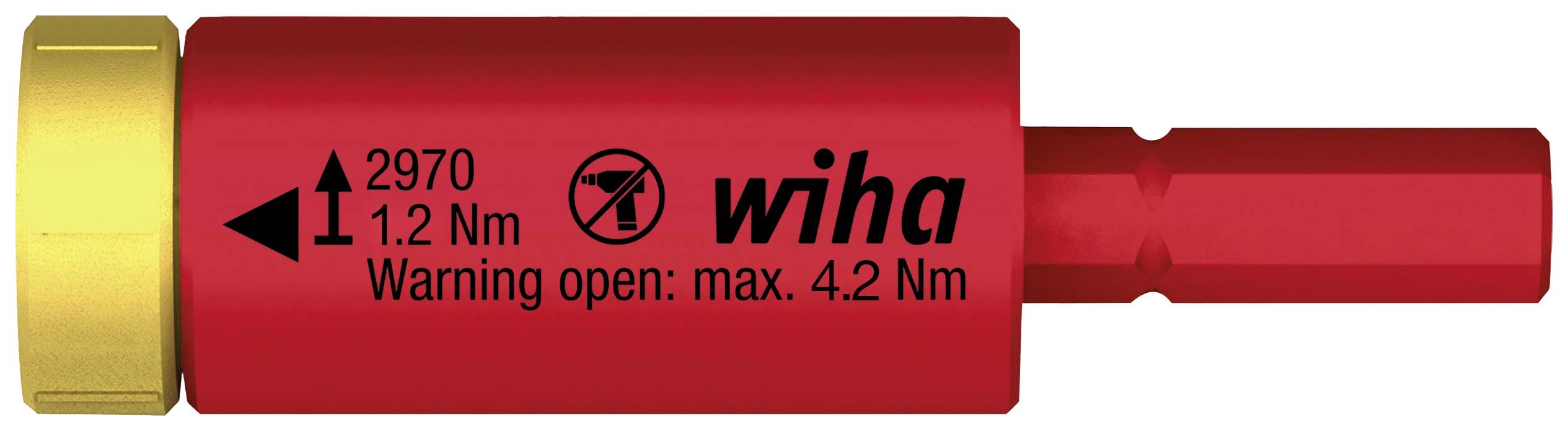 Tournevis dynamométrique de Wiha, force maximale de 4,2 Nm indiquée, préréglé à 1,2 Nm, de couleur rouge et dorée.