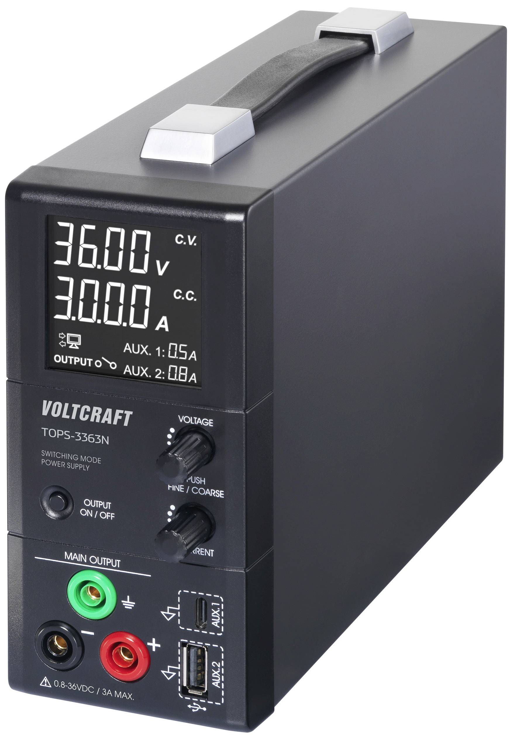 Alimentation de laboratoire avec affichage. Tension : 36,00 V, Courant : 1,05 A, 2,08 A. Marque : Voltcraft. Comprend des connecteurs et des boutons de commande.