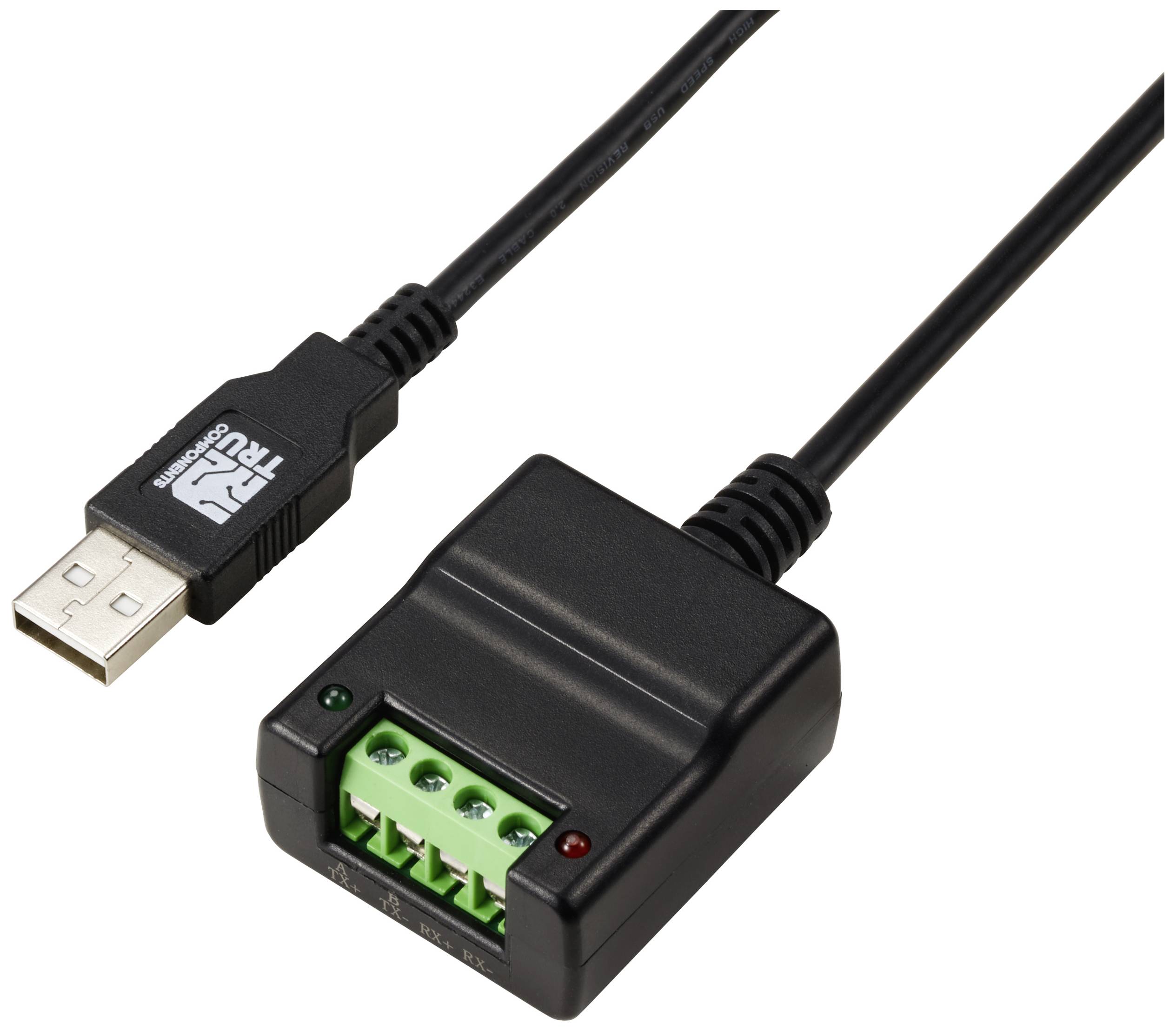 Câble USB avec interface RJ, adapté pour la connexion d'appareils à bornes à vis, montrant l'extrémité USB et l'extrémité de connexion.
