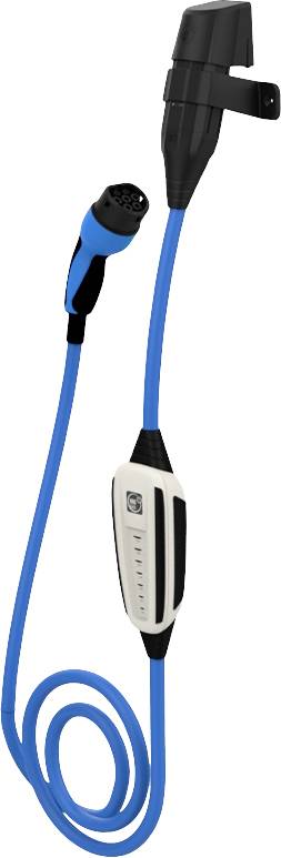 Câble de charge pour véhicules électriques avec câble bleu et fiche noire, montrant sur l'image les composants de connexion et le témoin lumineux.