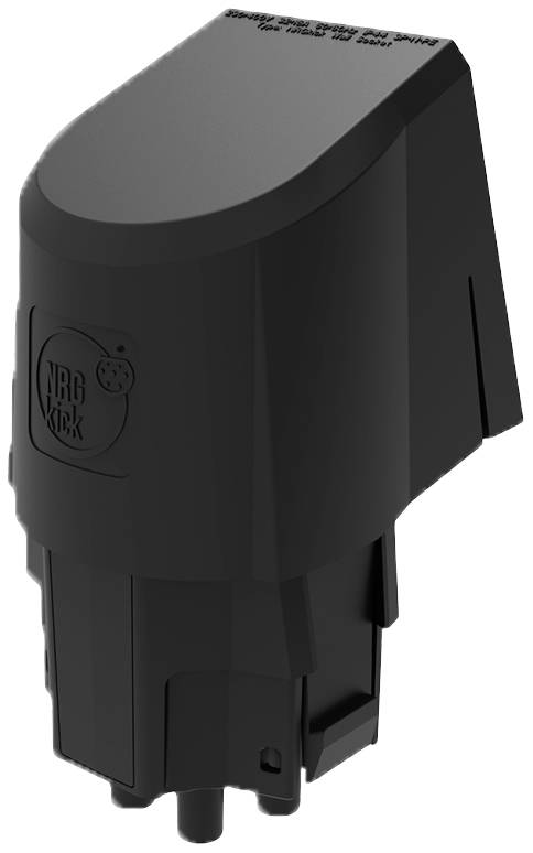 Un chargeur électrique noir de NRGkick aux bords arrondis, équipé d'une prise de connexion, utilisé pour recharger des véhicules électriques.