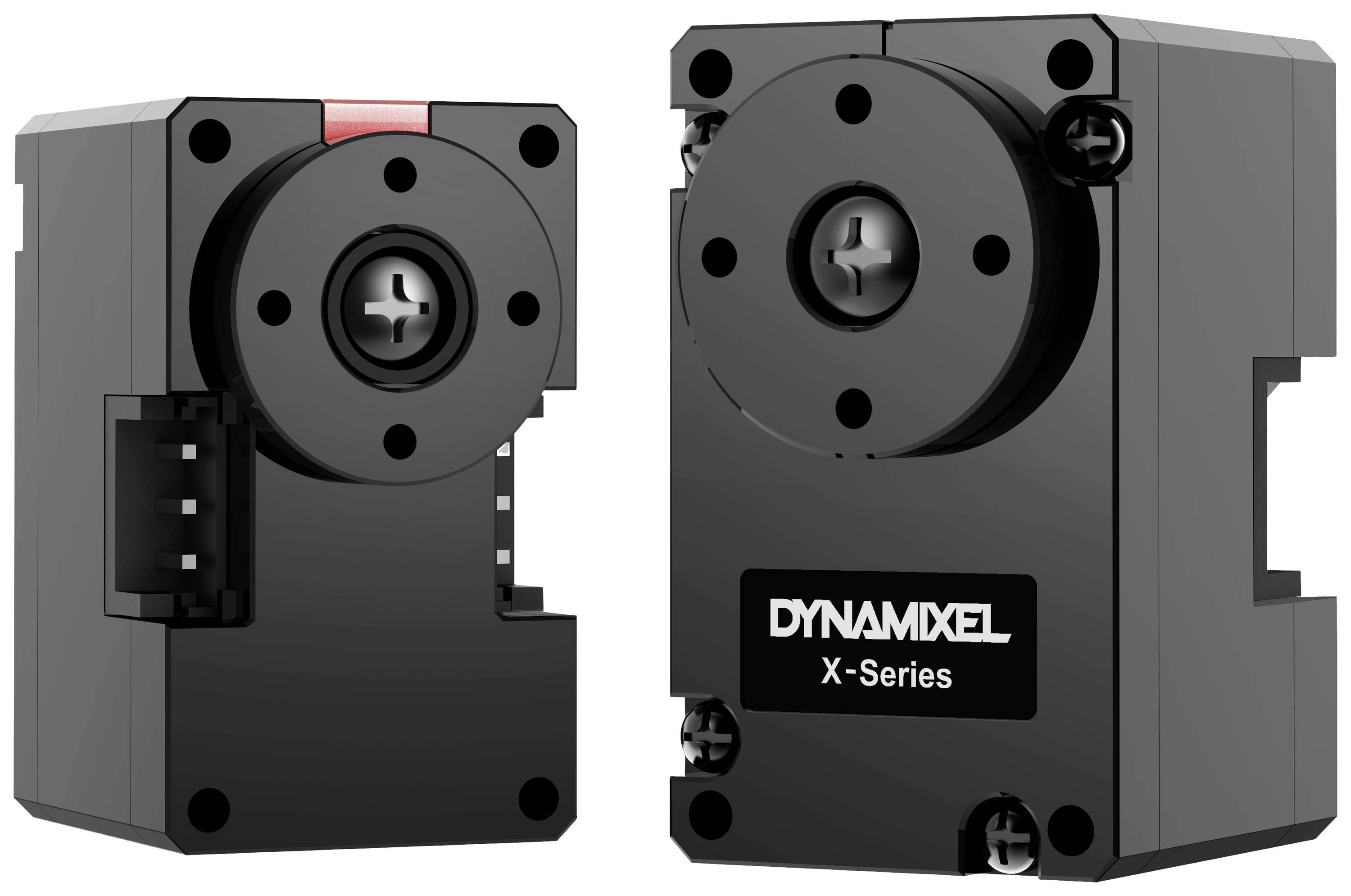 Deux servomoteurs noirs de la série X Dynamixel, munis de plusieurs vis et connexions, adaptés pour un contrôle de mouvement précis dans des projets de robotique.