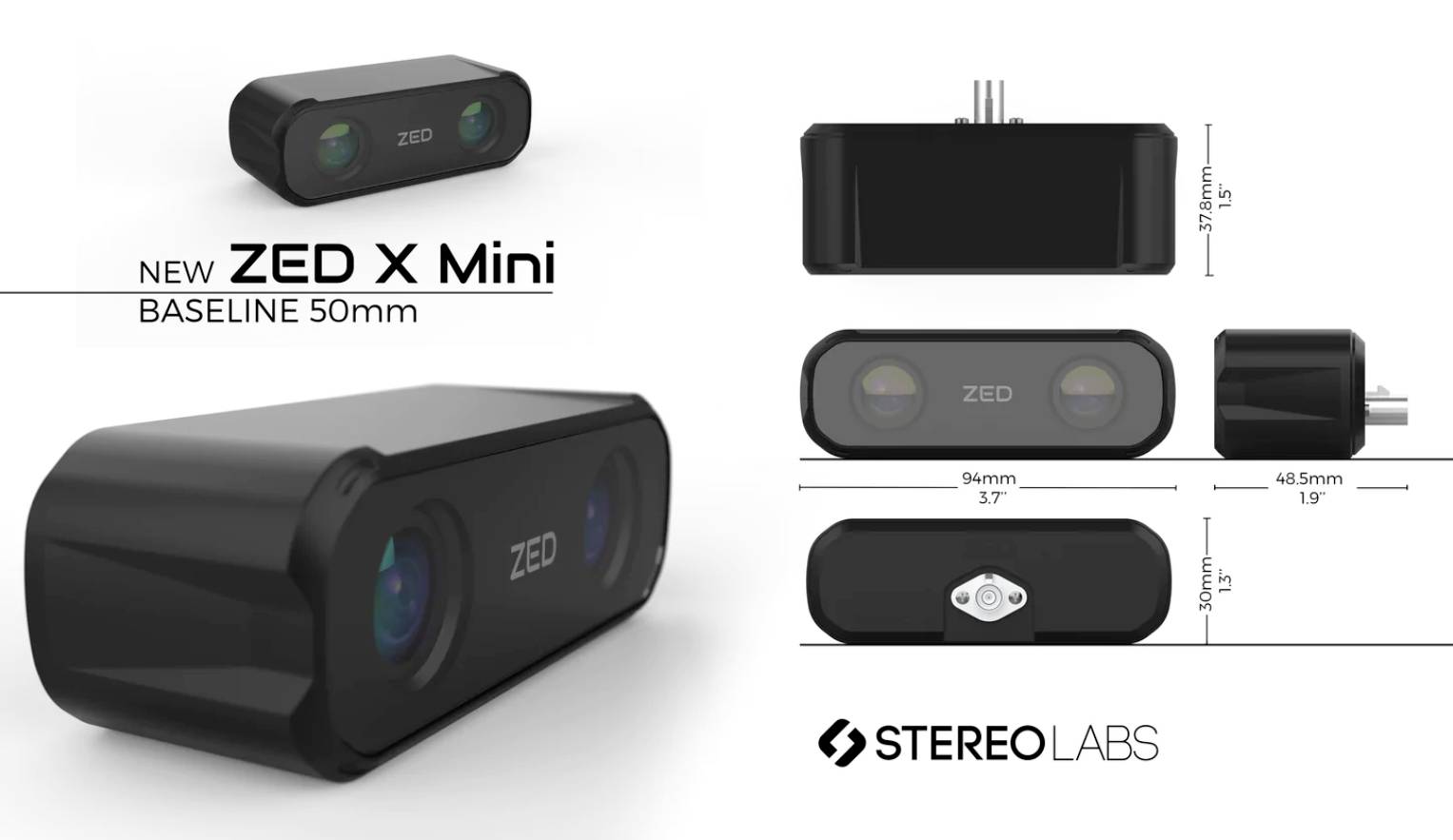 L'illustration présente la caméra ZED X Mini de Stereolabs, avec les dimensions suivantes : Baseline 50 mm, largeur 94 mm, hauteur 37 mm, profondeur 46,5 mm.