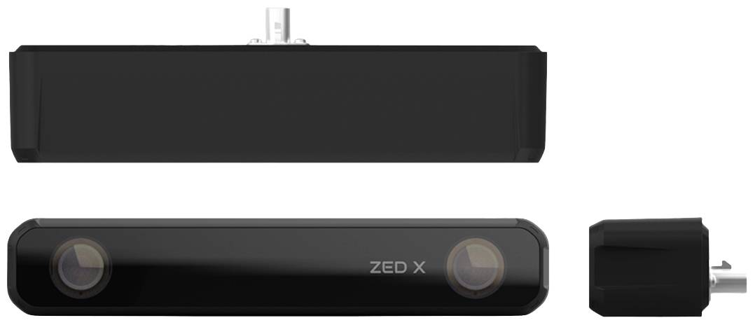 L'image présente une caméra ZED X 3D vue de face, de dessus et de côté. Cette caméra est conçue pour la détection de profondeur et la capture de mouvements.