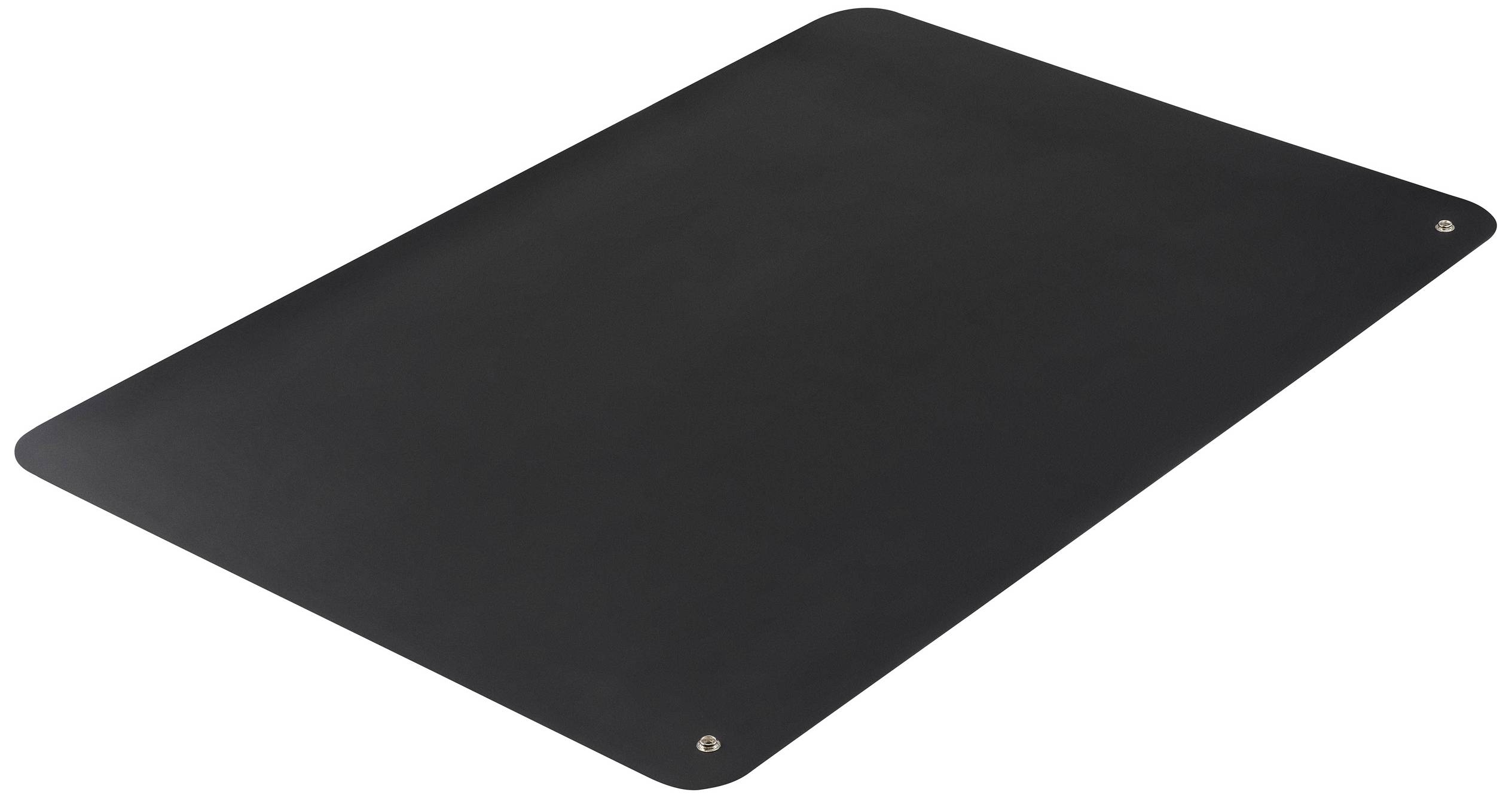 Un tapis noir, rectangulaire avec des coins arrondis et deux trous de fixation dans les coins supérieurs.