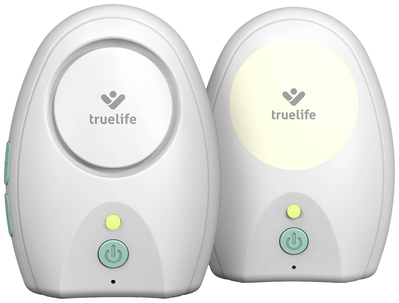 Deux moniteurs portables pour bébés avec logo de marque et commandes vertes. L'appareil de gauche a un écran sombre, l'appareil de droite affiche un écran rétroéclairé en jaune.