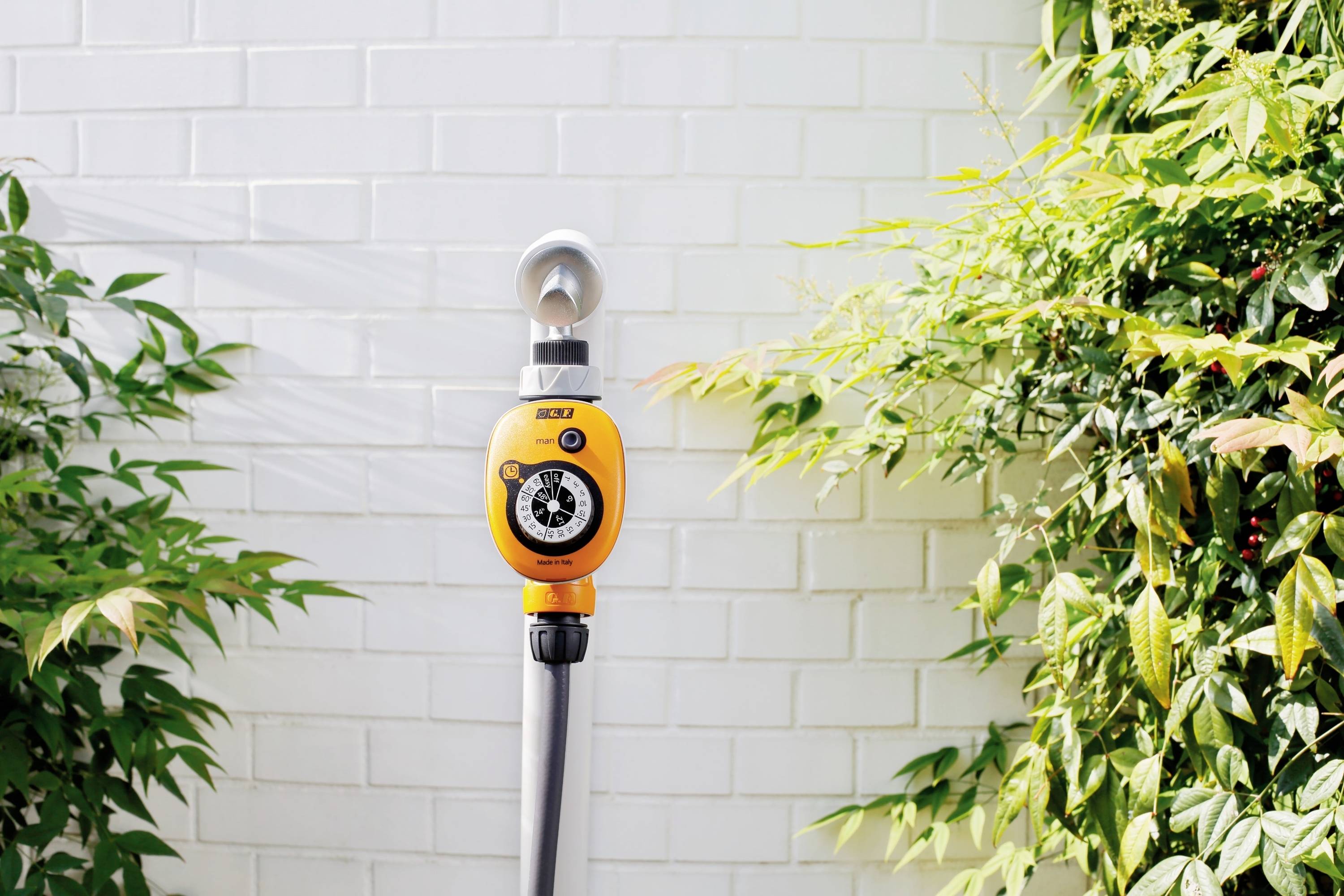 'Tuyau d'arrosage gris avec un minuteur de robinet jaune devant un mur de briques blanches, entouré de plantes vertes.'