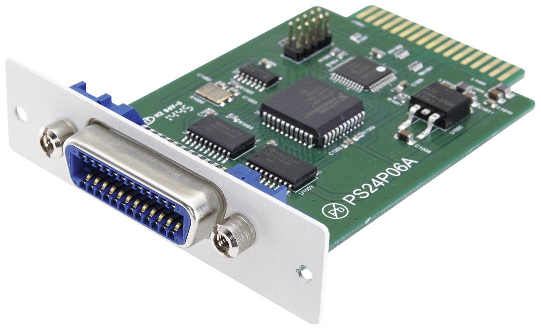 Carte d'extension verte pour ordinateur avec plusieurs circuits intégrés et un connecteur parallèle sur le devant.