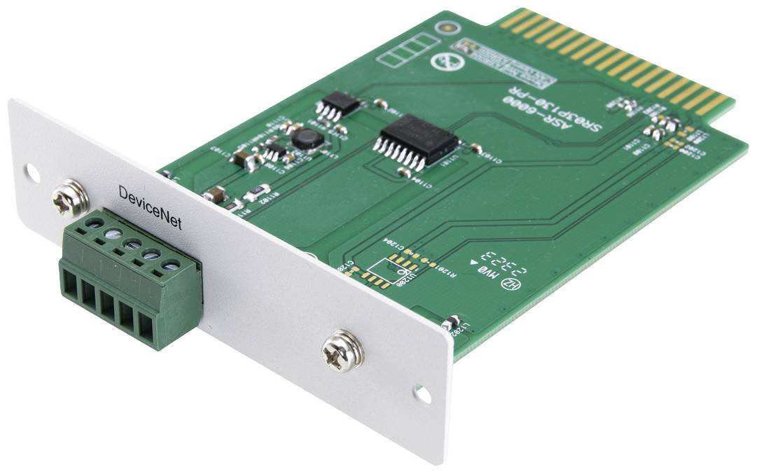 Circuit électronique vert avec l'inscription 'DeviceNet', connecteurs, puce électronique et barrettes de contacts dorées ; utilisé dans les ordinateurs.