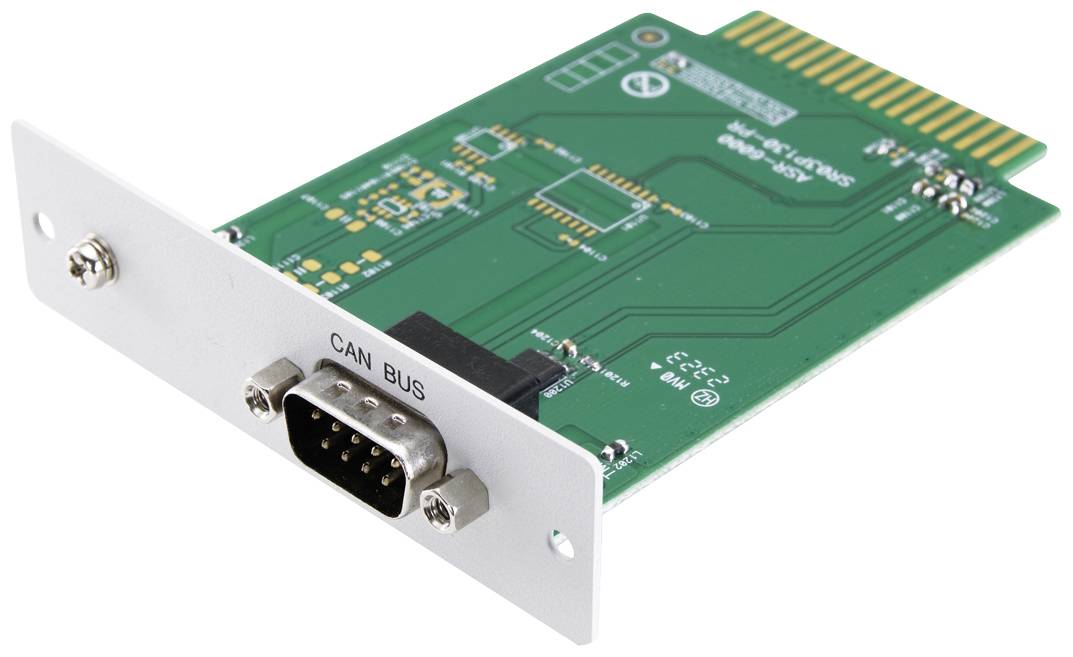 Carte verte avec connexion CAN-Bus et composants électriques visibles, utilisée dans des systèmes de contrôle industriels.