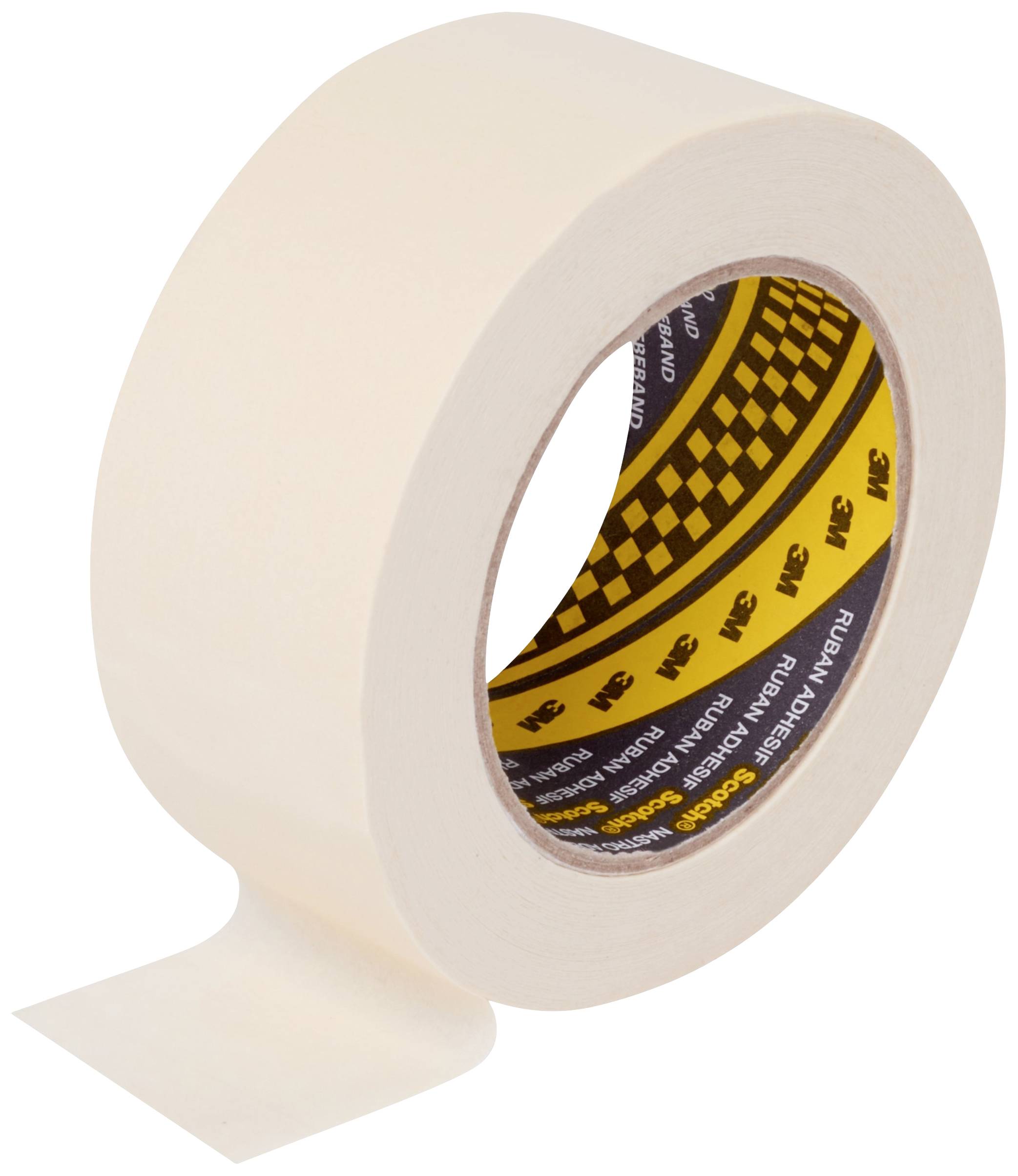 Rouleau de ruban adhésif avec une partie du ruban déroulée, teinte beige. Le corps intérieur présente un logo d'entreprise en jaune et noir.