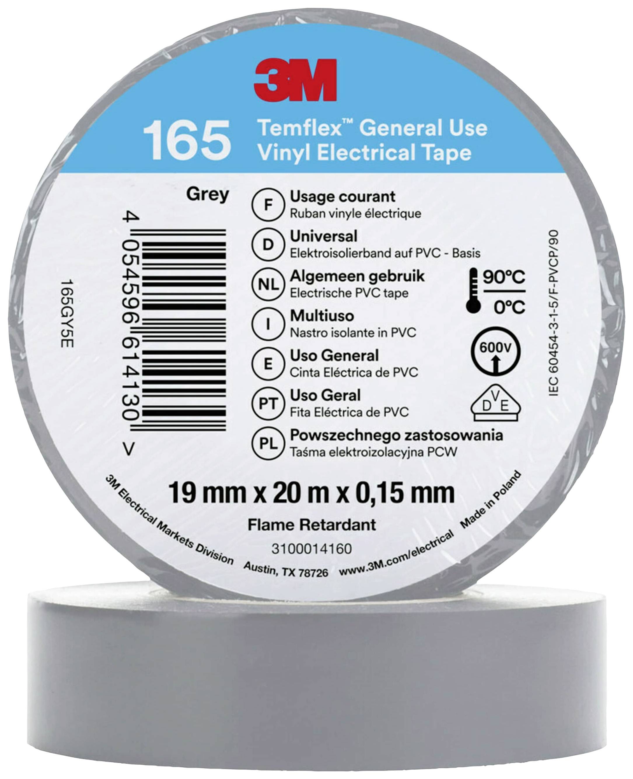 Ruban isolant Grauer 3M Temflex 165, ruban en vinyle universel pour applications électriques, 19 mm x 20 m, ignifuge, avec instructions d'utilisation sur le rouleau.