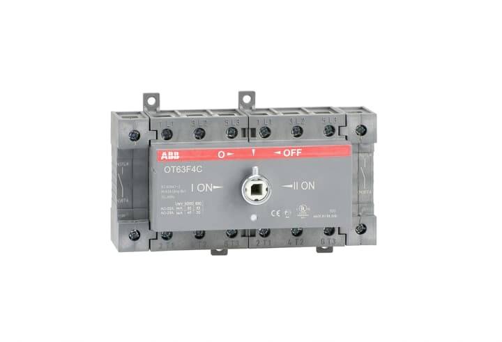 Un interrupteur électrique ABB, modèle OT63F4C, avec positions '0-Arrêt' et 'I-Marche', montable, gris et rectangulaire.