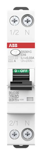 Un disjoncteur ABB avec la désignation 'DS301C C16' et un interrupteur basculant en position '0 - OFF', indique des spécifications de protection électrique.