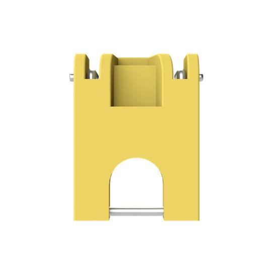 Une pièce en plastique jaune de forme rectangulaire avec des ouvertures latérales, probablement un composant pour un jouet de construction.