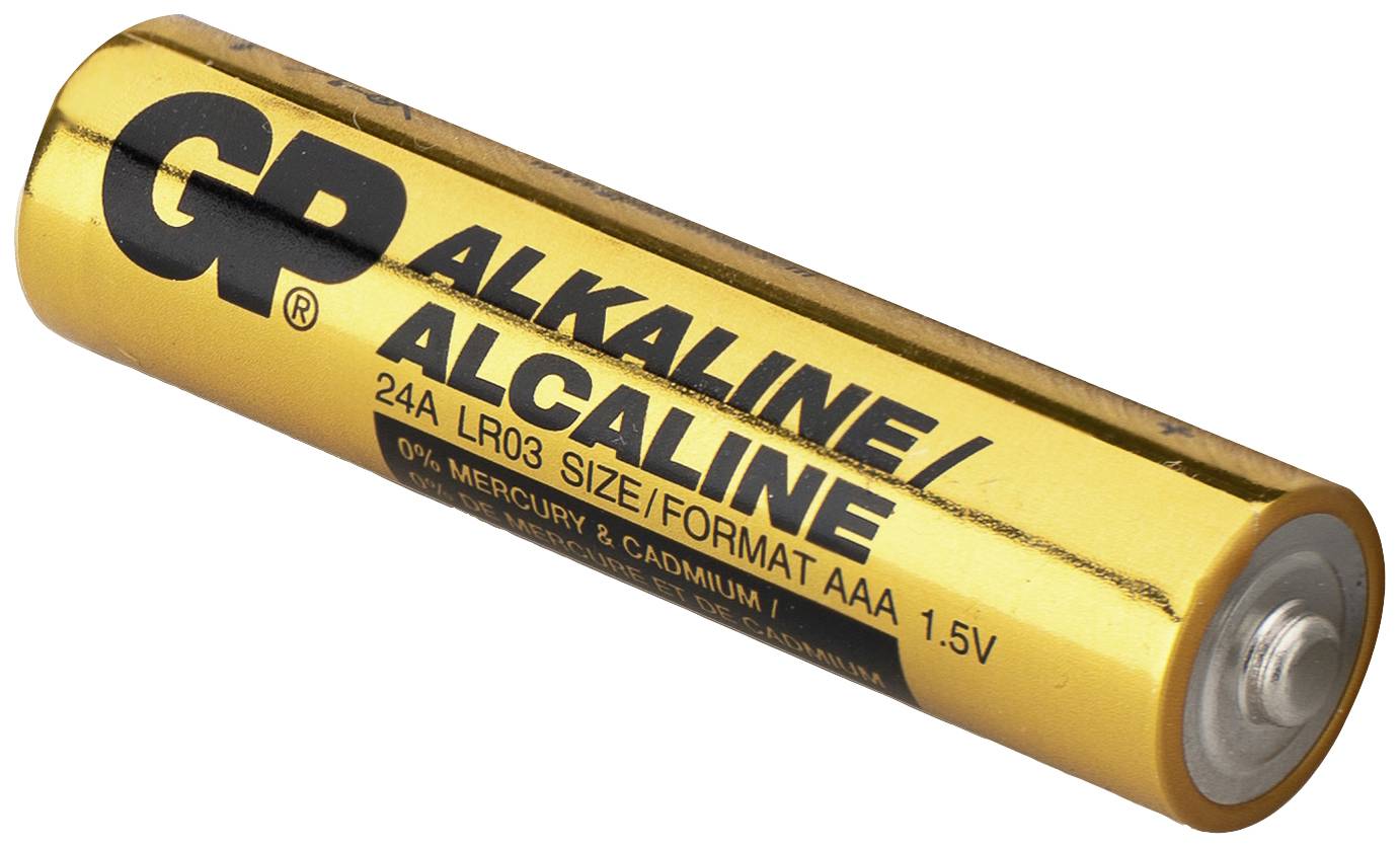 Une pile alcaline AAA dorée portant l'inscription 'GP Alkaline', '24A LR03', et '0% Mercury & Cadmium', 1,5V.