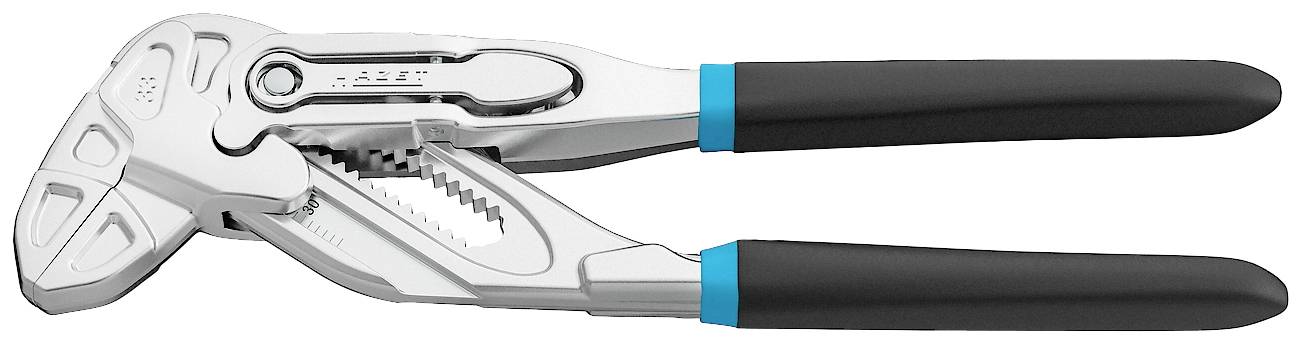 Une pince à pipe en argent avec des poignées noires et bleues, adaptée pour serrer et desserrer des vis ou des tuyaux.