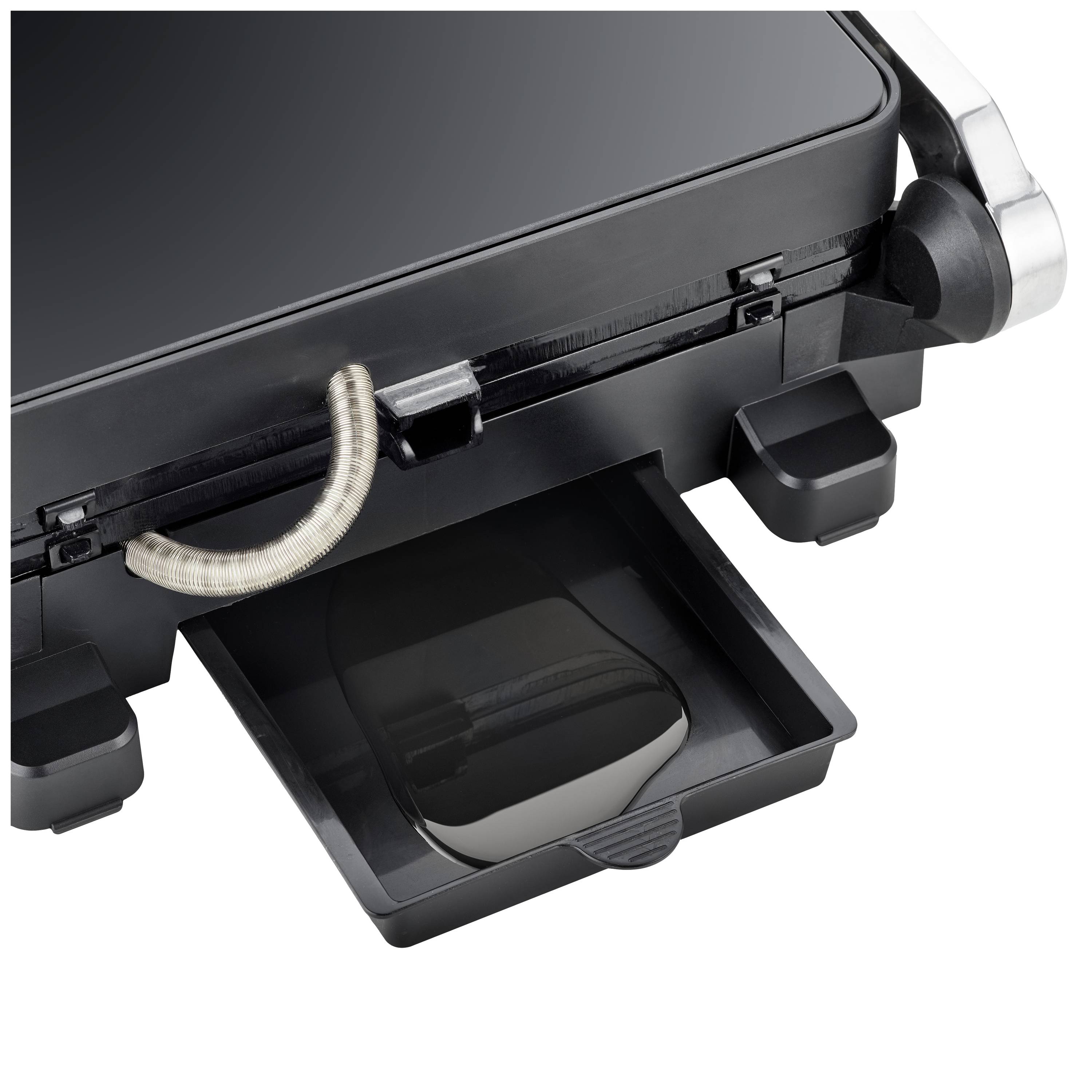 Un appareil de grillade avec un bac à graisse amovible. La surface est lisse et dotée de détails métalliques. Adapté pour une cuisson grillée saine.