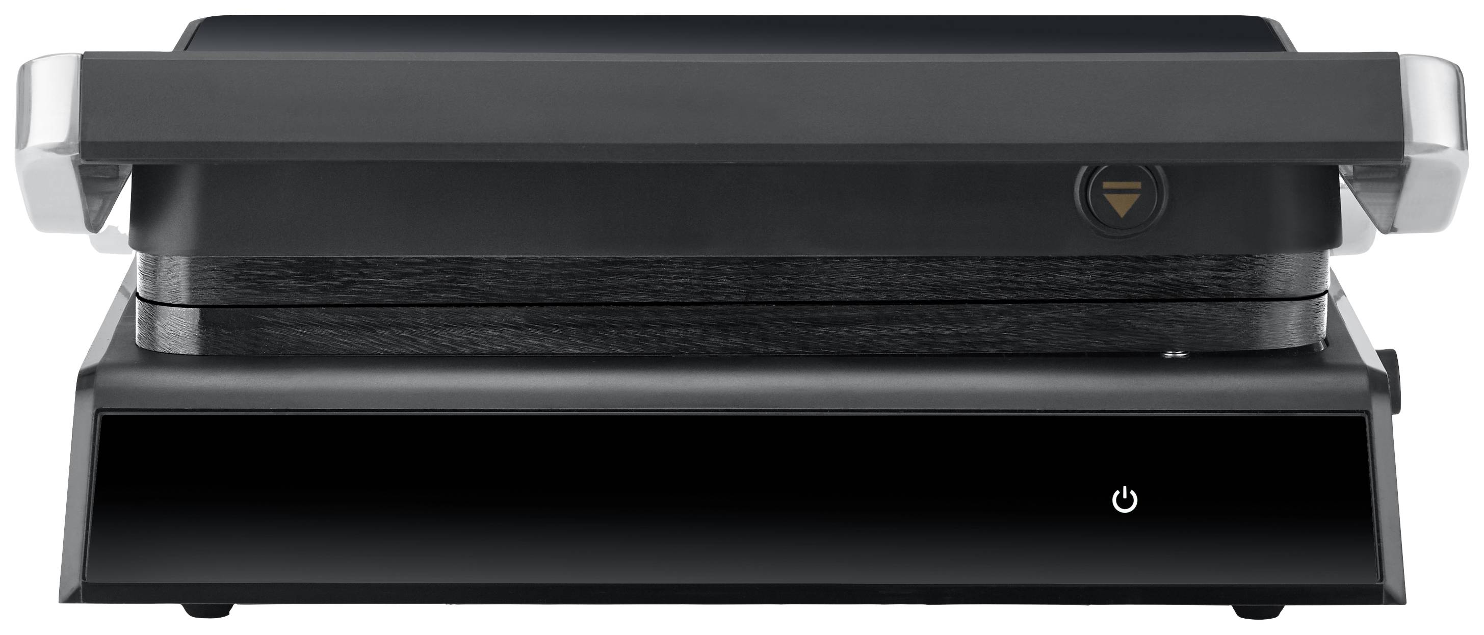 Grill électrique vu de face, fermé, avec un logo rond sur le côté droit. L'interrupteur marche/arrêt se trouve à gauche.