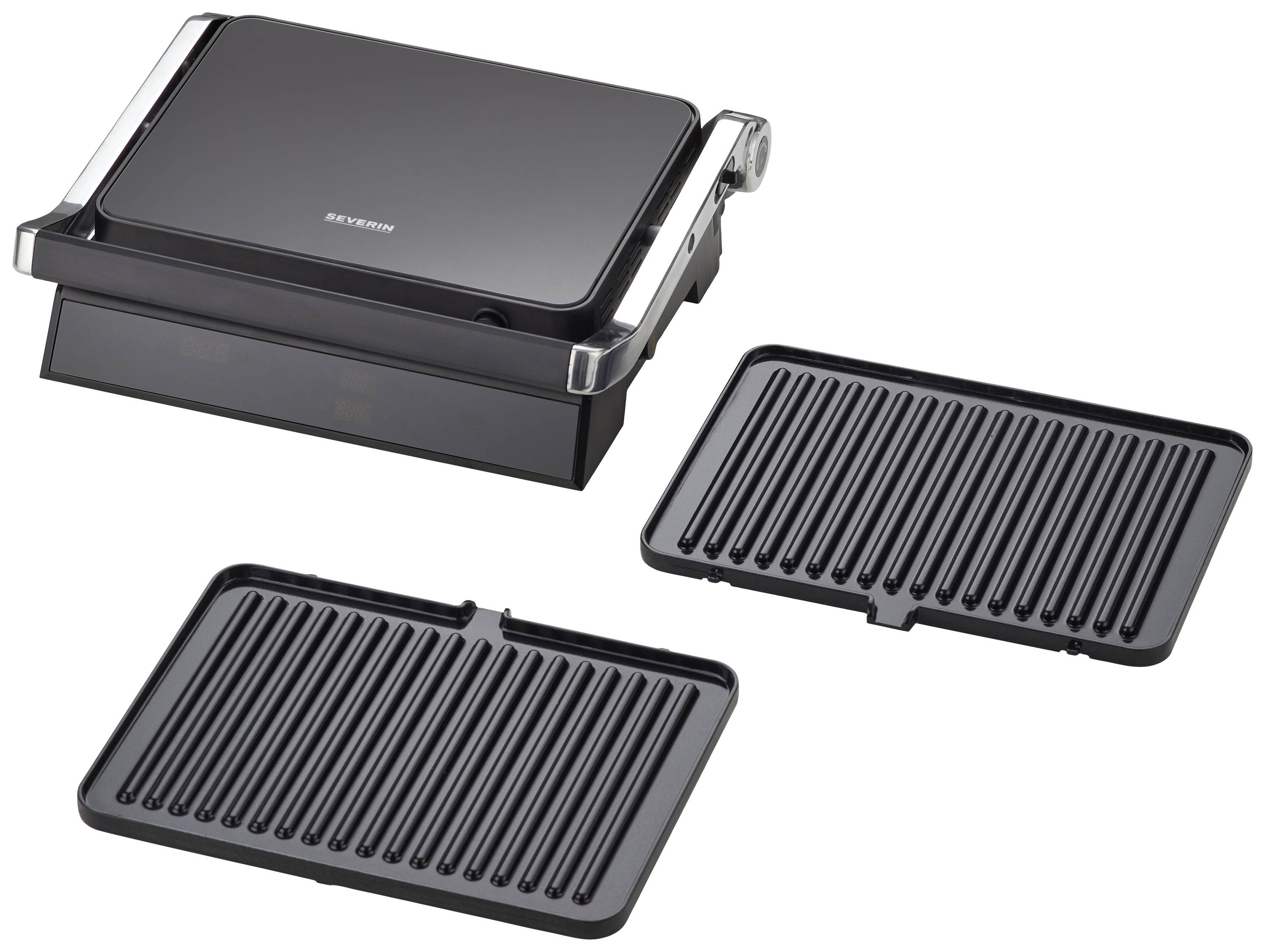 Grill de contact avec plaques de cuisson interchangeables. Idéal pour griller de la viande et des sandwichs. Robuste et facile à nettoyer.