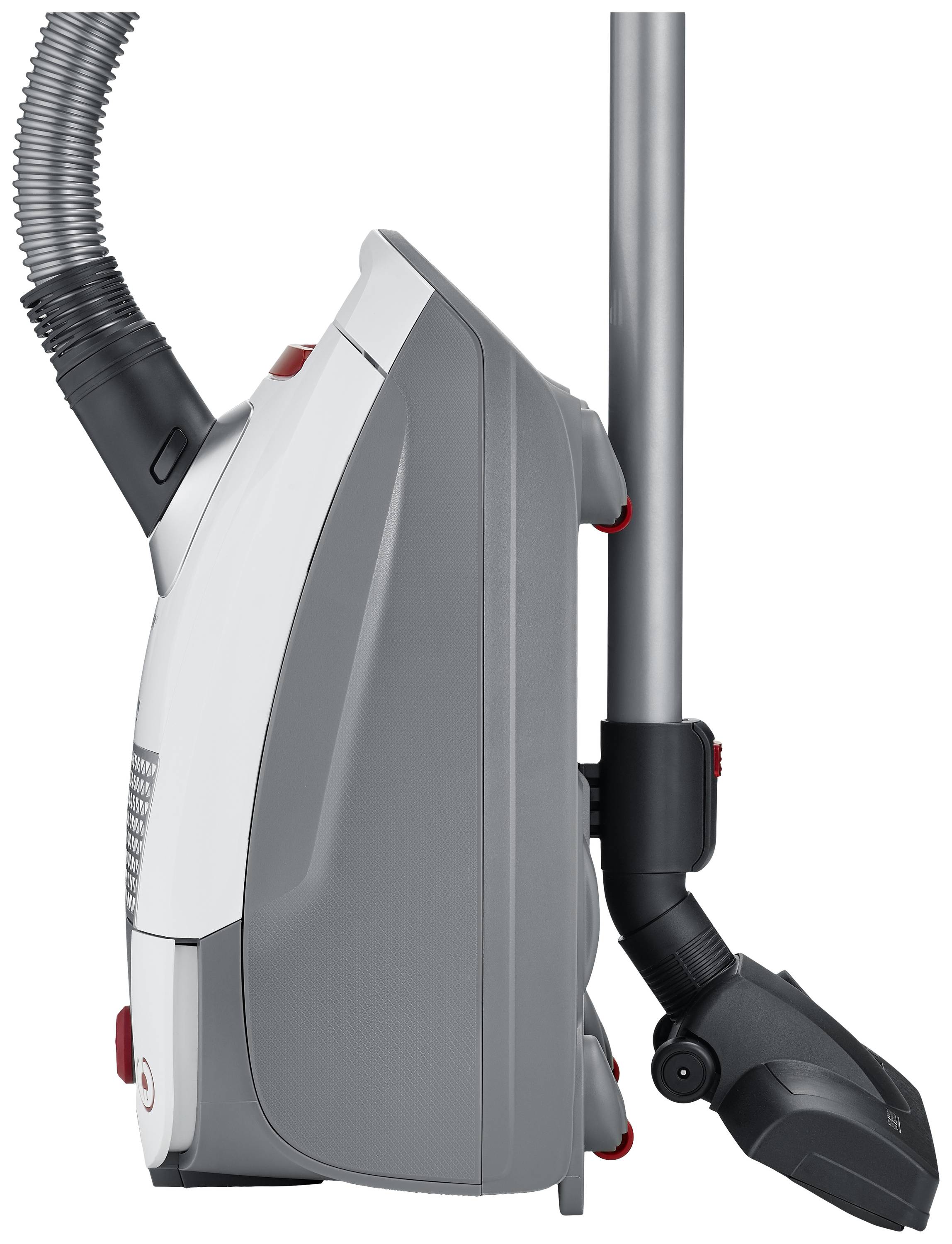 Vue latérale d'un aspirateur gris et blanc avec tube télescopique et flexible, adapté pour le nettoyage des sols.