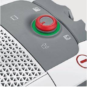 Gros plan d'un aspirateur mettant en évidence le bouton marche/arrêt et les symboles représentant différentes fonctions.
