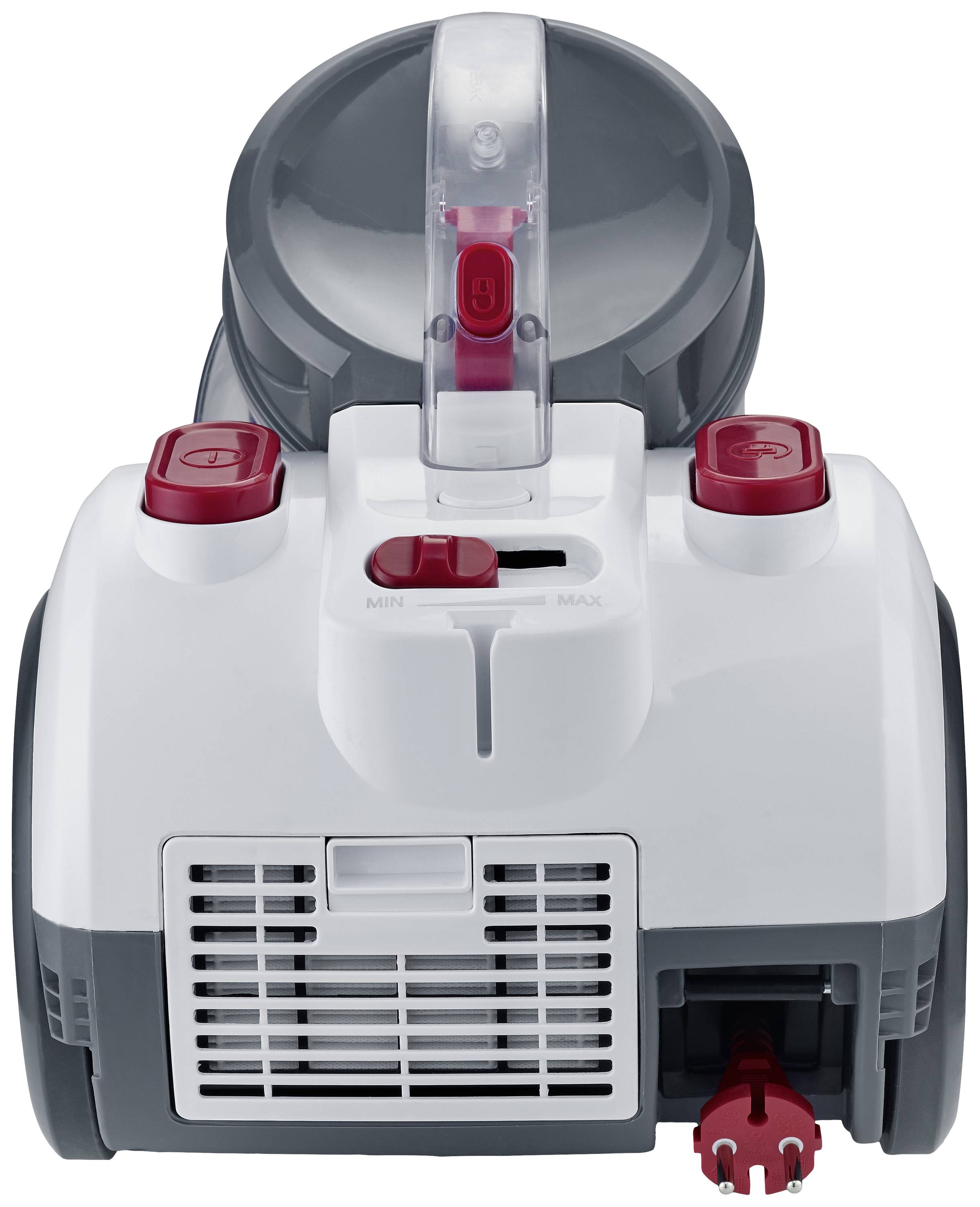 Aspirateur vu de face, avec des éléments de commande rouges et une fenêtre d'inspection sur le réservoir à poussière. Câble d'alimentation visible en bas.