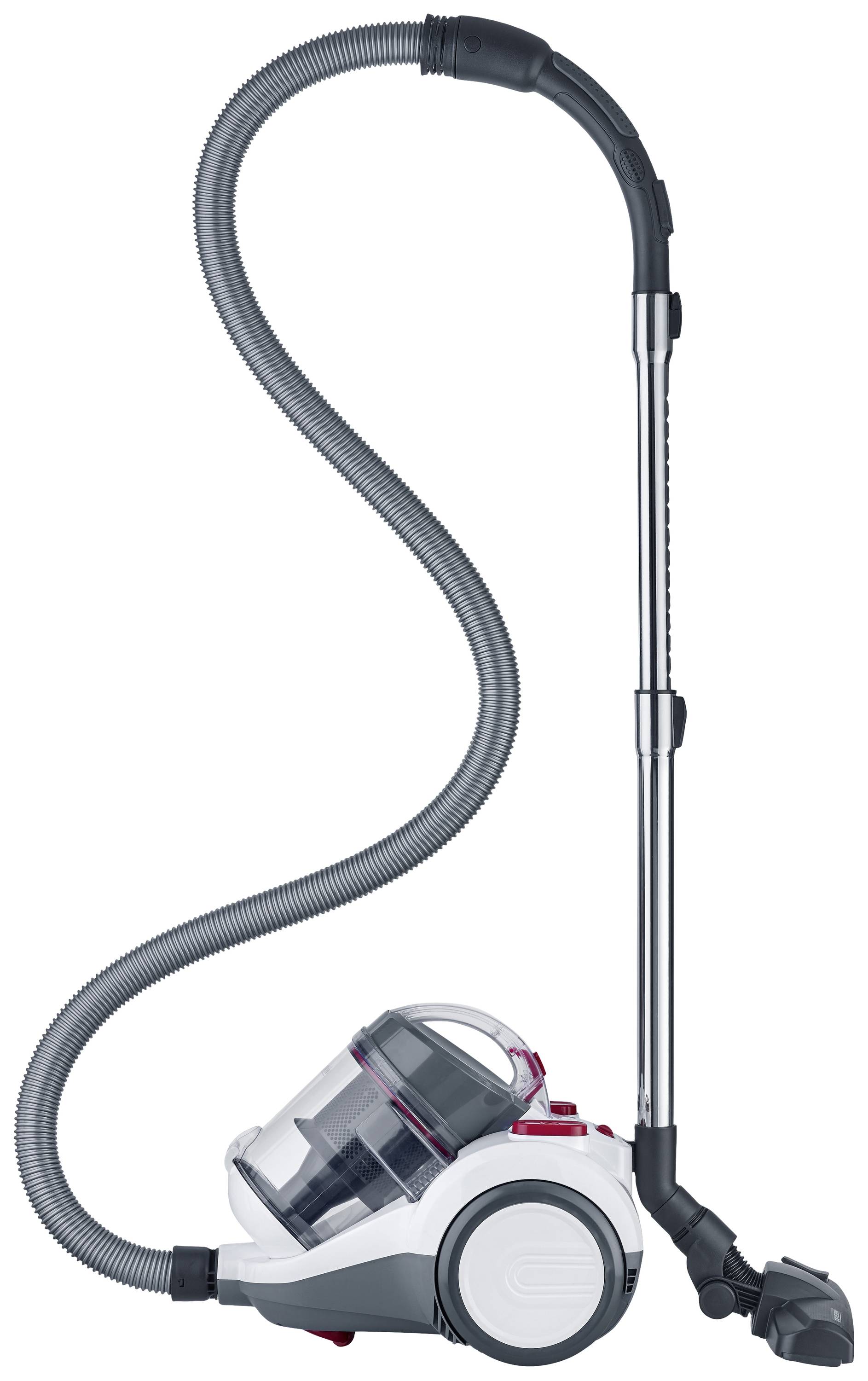 Un aspirateur blanc avec un réservoir à poussière transparent et un long flexible d'aspiration, posé verticalement sur le sol.