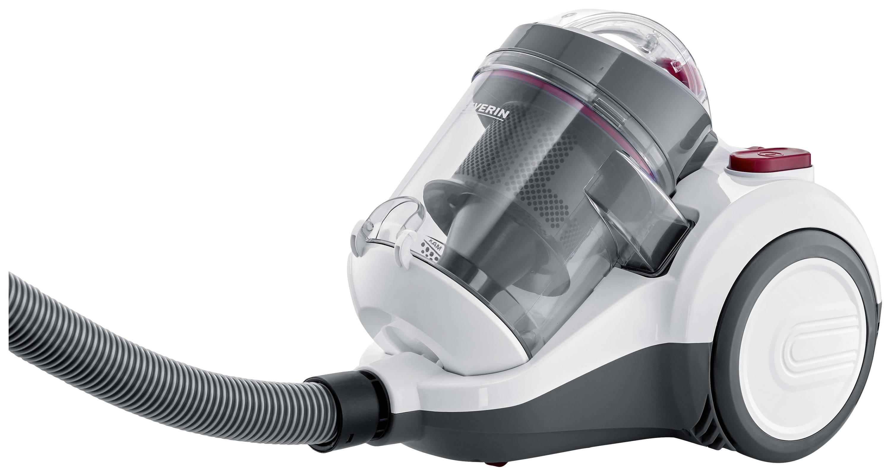 Un aspirateur compact sans sac avec un réservoir à poussière transparent et un tuyau, adapté pour un nettoyage simple à la maison.