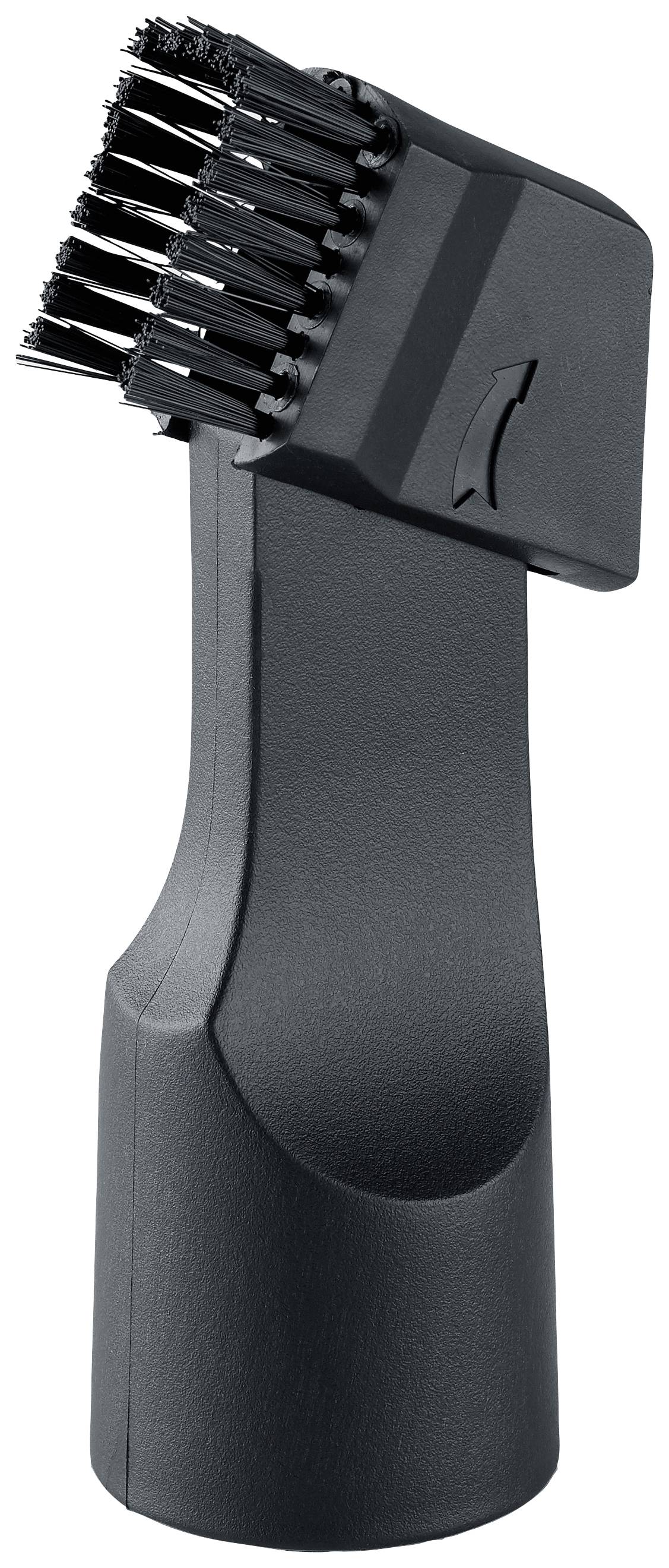 Une brosse de nettoyage noire pour appareils électroniques, dotée de poils et d'une large poignée plate. Adaptée aux endroits difficiles d'accès.