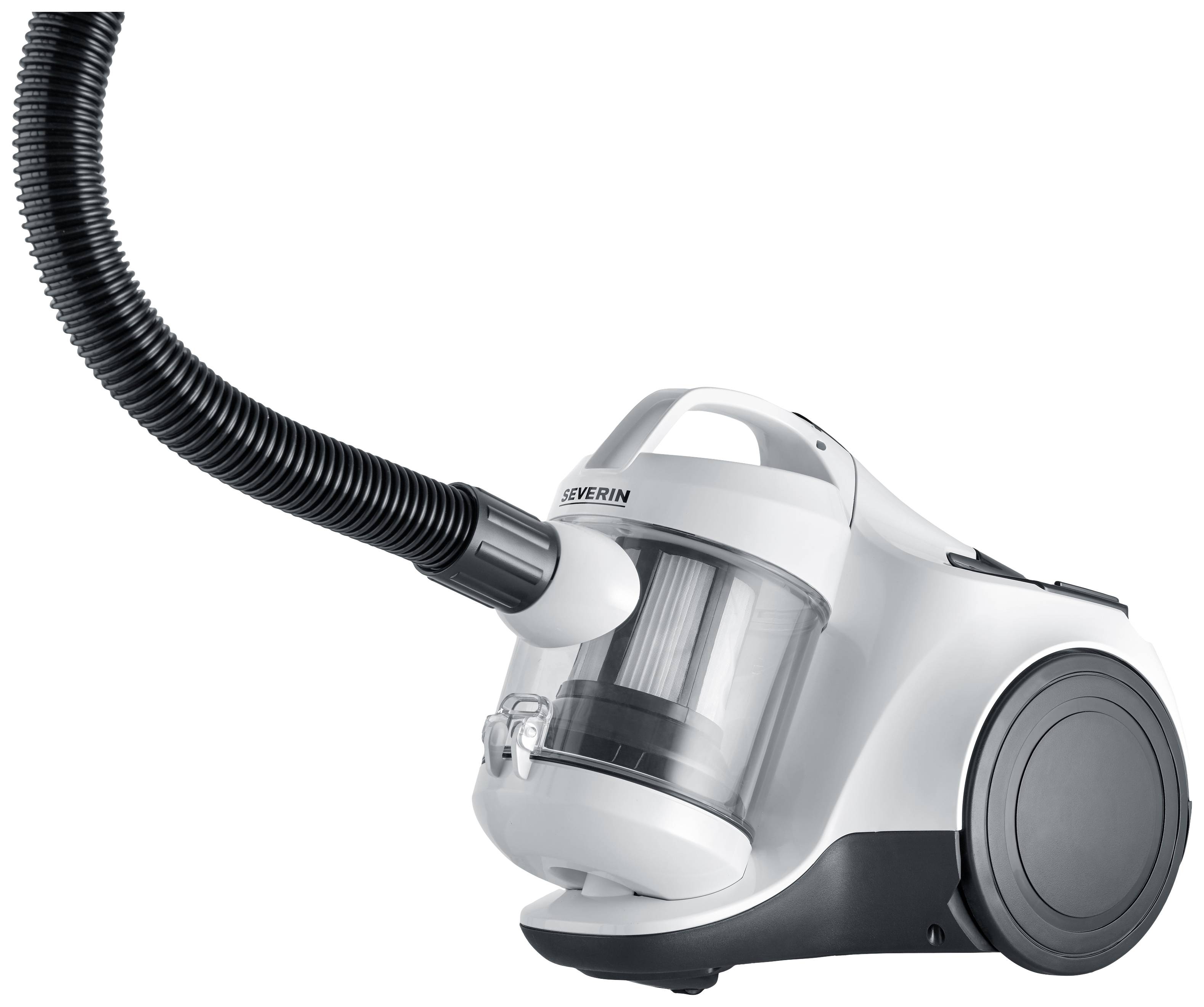 Un aspirateur argenté sans sac avec un réservoir transparent et un tuyau d'aspiration flexible.