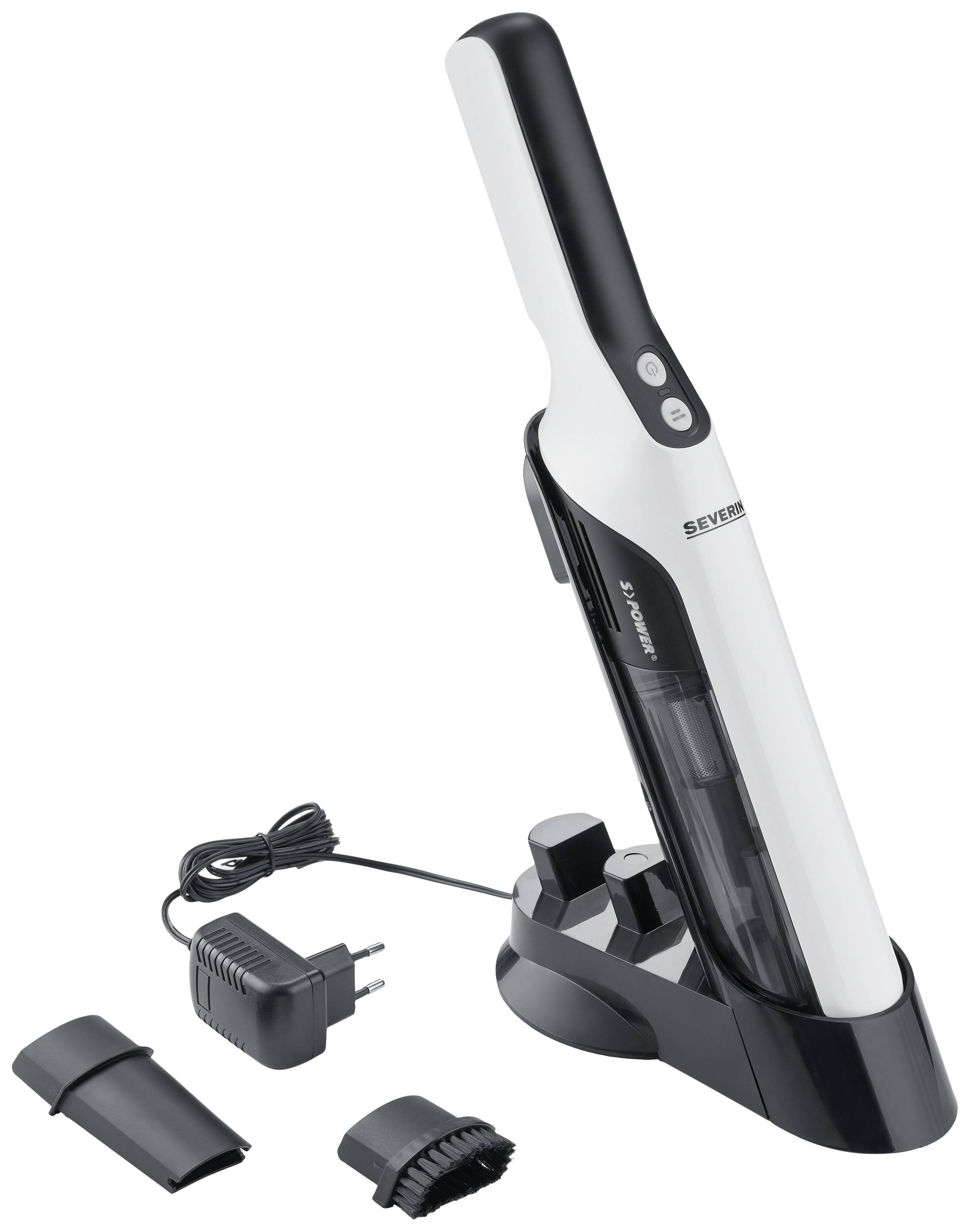 Aspirateur à main portable noir et blanc, posé sur sa station de charge. Des accessoires tels que brosse et embouts sont disposés à côté.