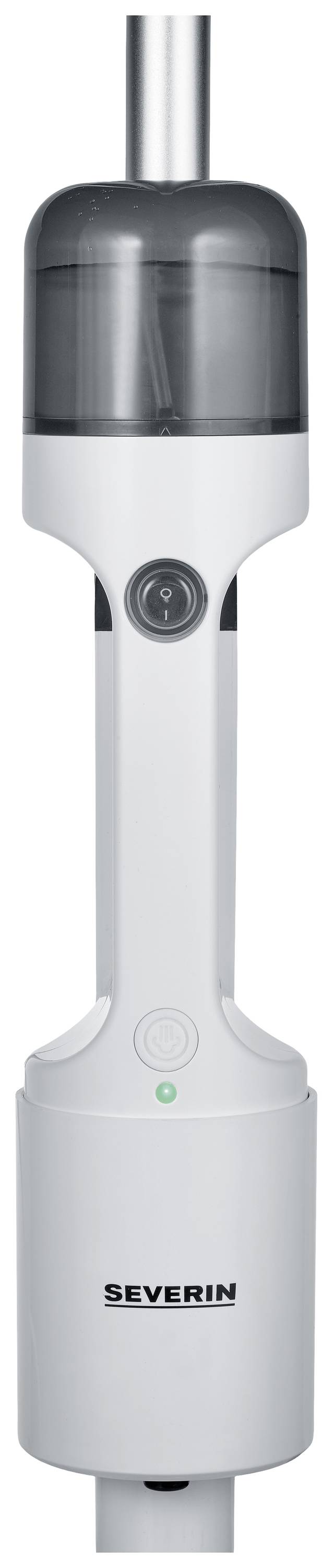Aspirateur balai Severin au design étroit, blanc, avec un réservoir transparent en haut.