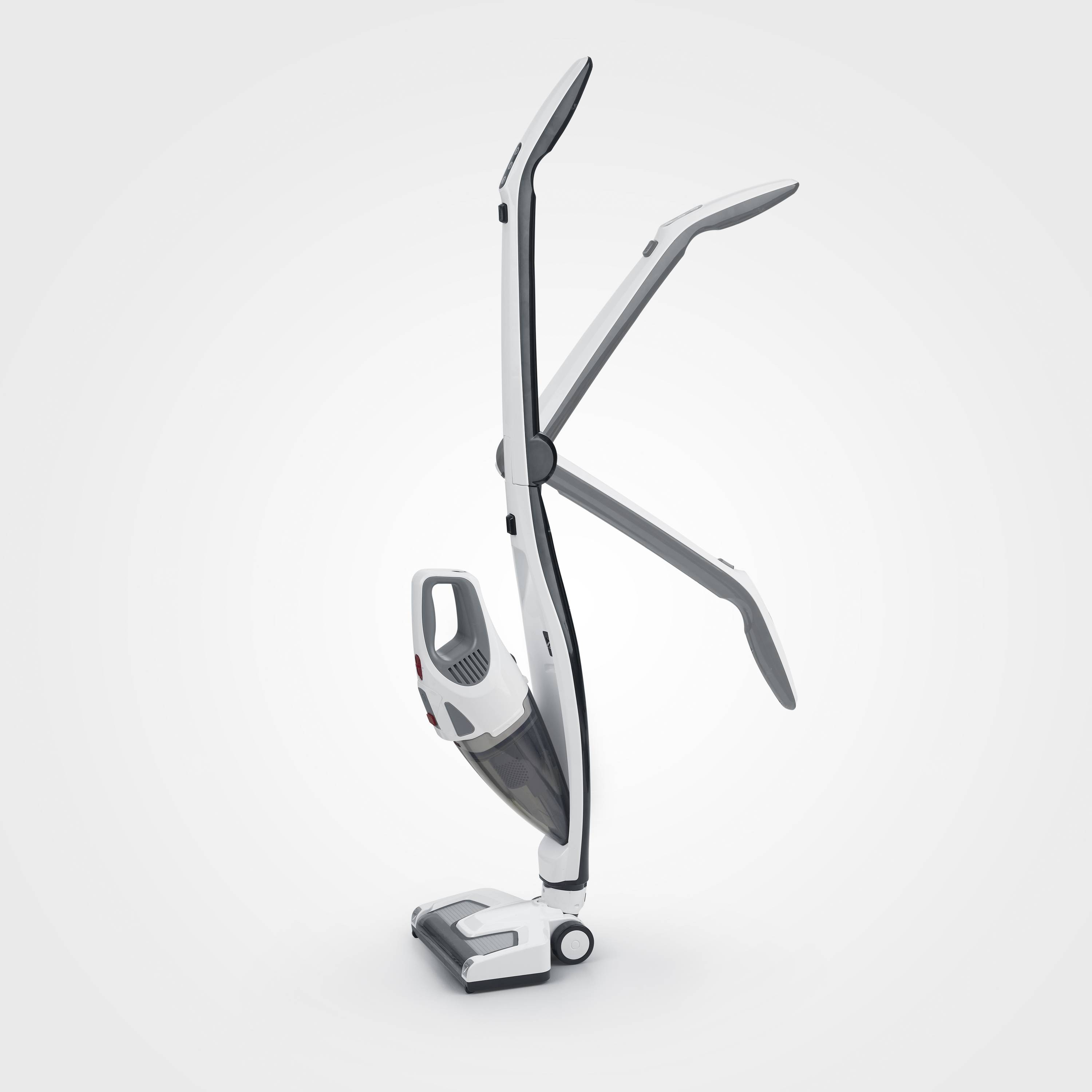 Aspirateur sans fil au design moderne, vertical avec poignée pliable, en blanc et gris.