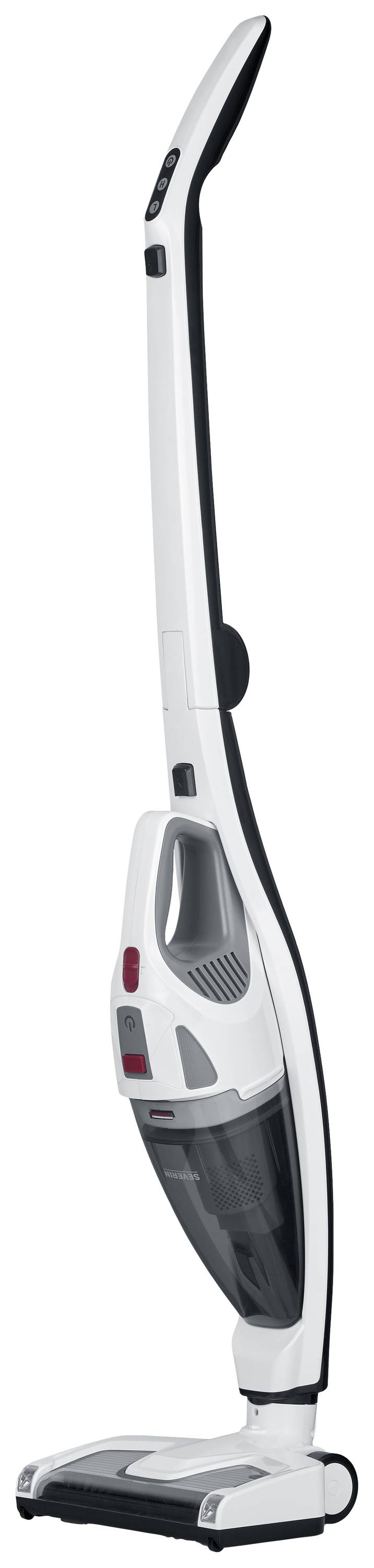 Un aspirateur balai sans fil blanc avec une poignée noire. Présenté sur fond neutre, adapté pour le nettoyage des sols durs et des tapis.