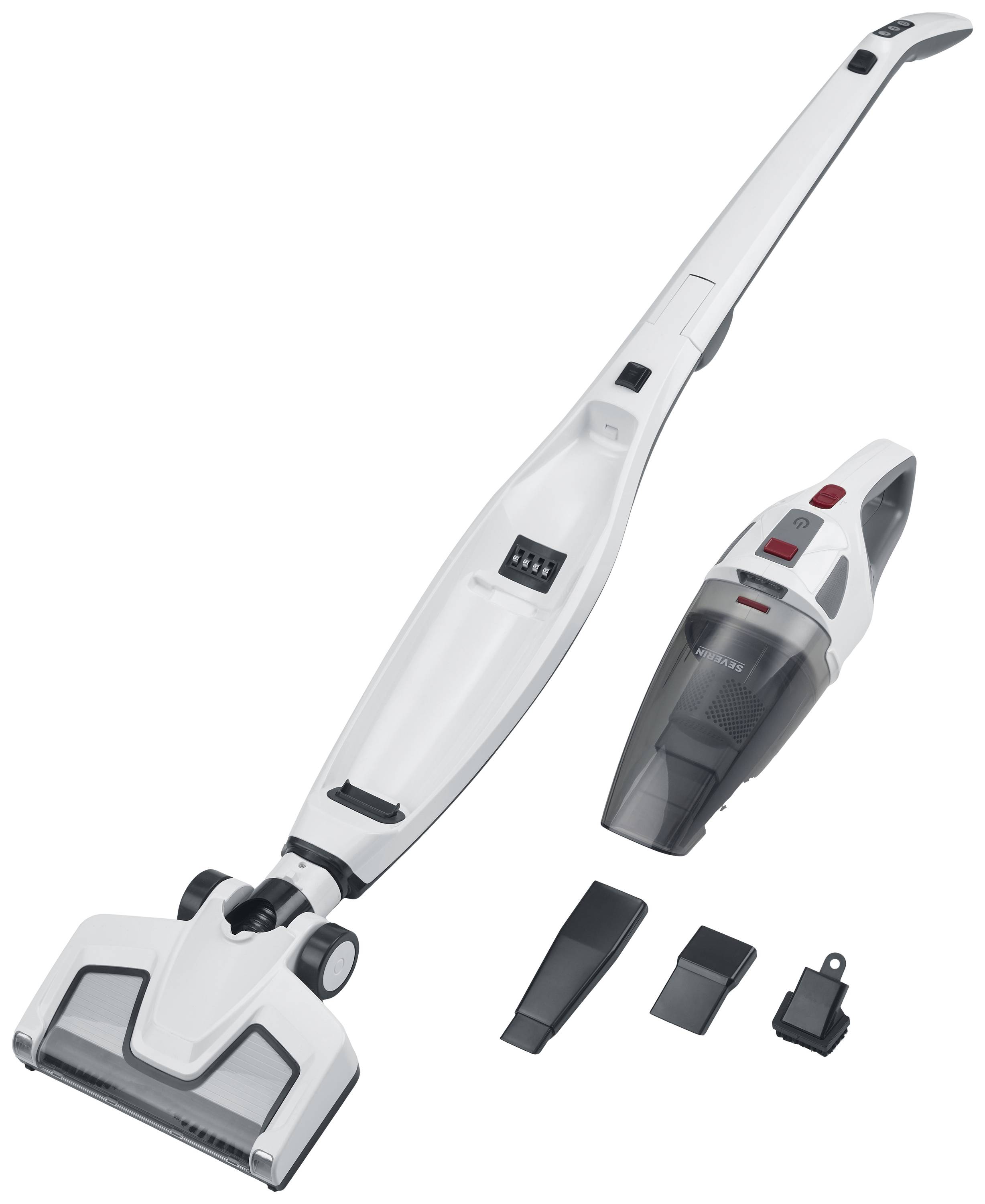 Un aspirateur blanc sans fil avec accessoires et appareil à main amovible, idéal pour le nettoyage des sols et des meubles.